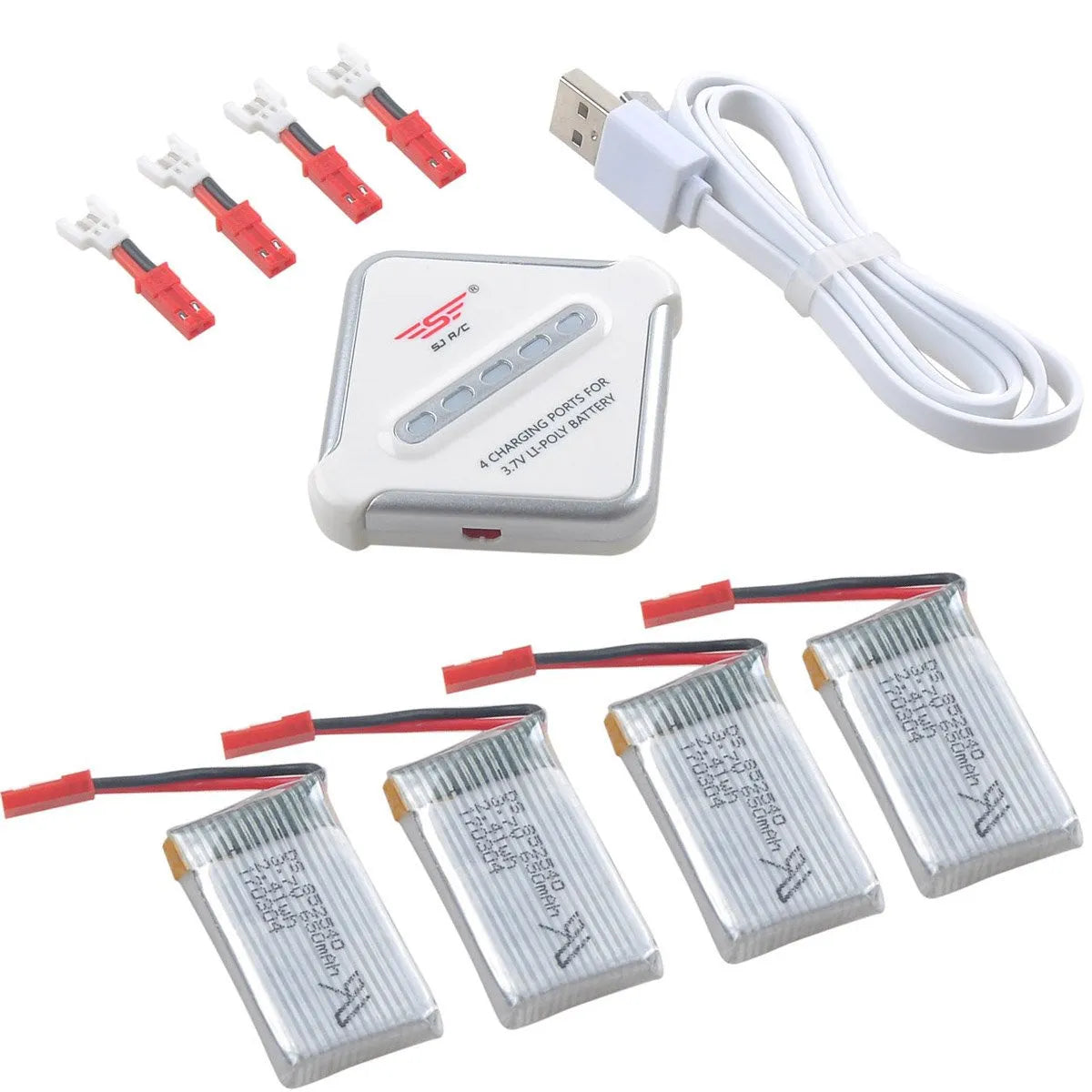 4pcs 650mAh 1S 3.7V 25C Lipo Battery with JST Plug & 4-in-1 Multi Battery Charger - Perfect for RC Drones, Toys, and DIY Electronics Projects