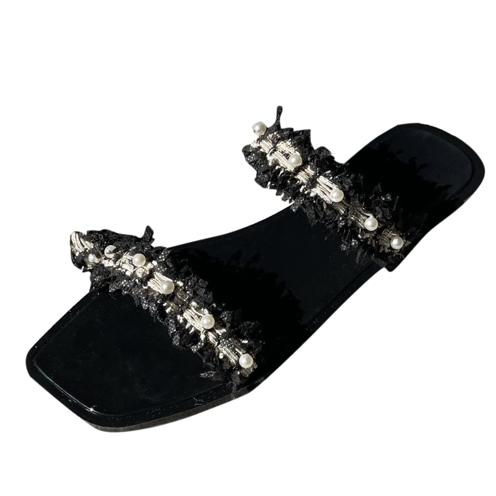 Stylish Rhinestone Beach Slippers for Women - Large Size Flat Sandals with Pearl Accents | Perfect for Spring Summer Vacation, Poolside Lounging & Casual Wear