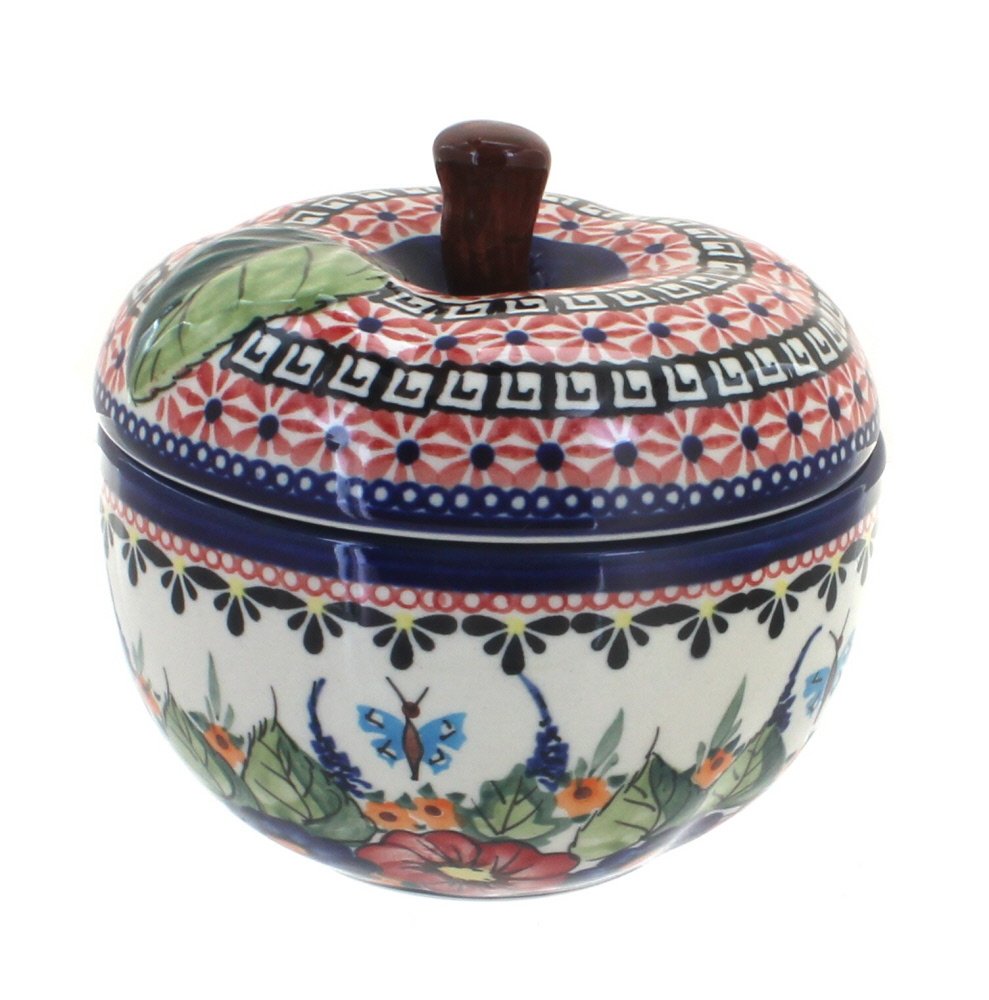 Handmade Blue Rose Polish Pottery Apple Baker with Floral Butterfly Design - Perfect for Baking, Serving & Home Decor