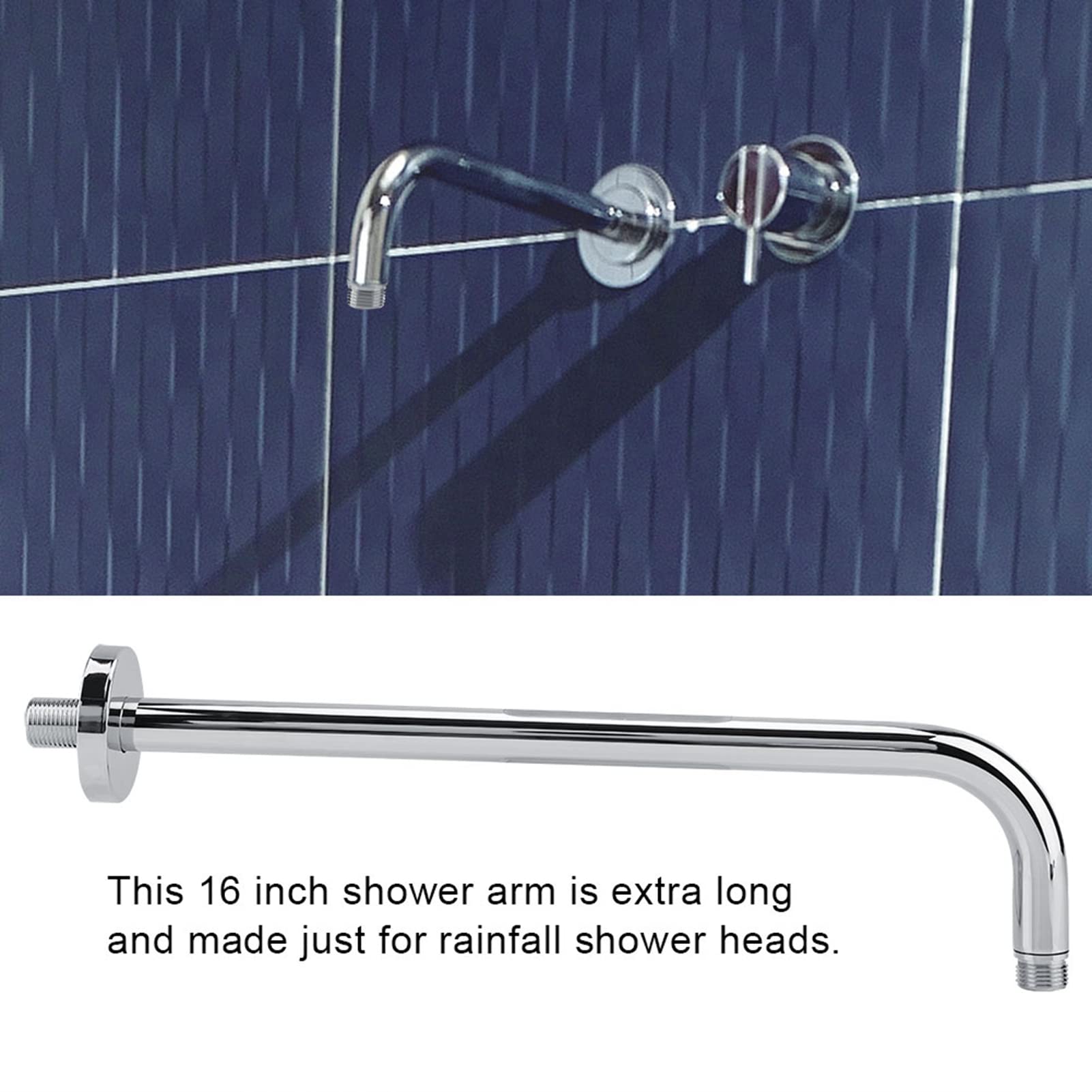 16 Inch L-Shaped Stainless Steel Chrome Shower Arm with Flange - Wall Mount Angle Shower Extension for Fixed & Rain Shower Heads - Perfect for Bathroom Renovation & Spa-Like Shower Experience