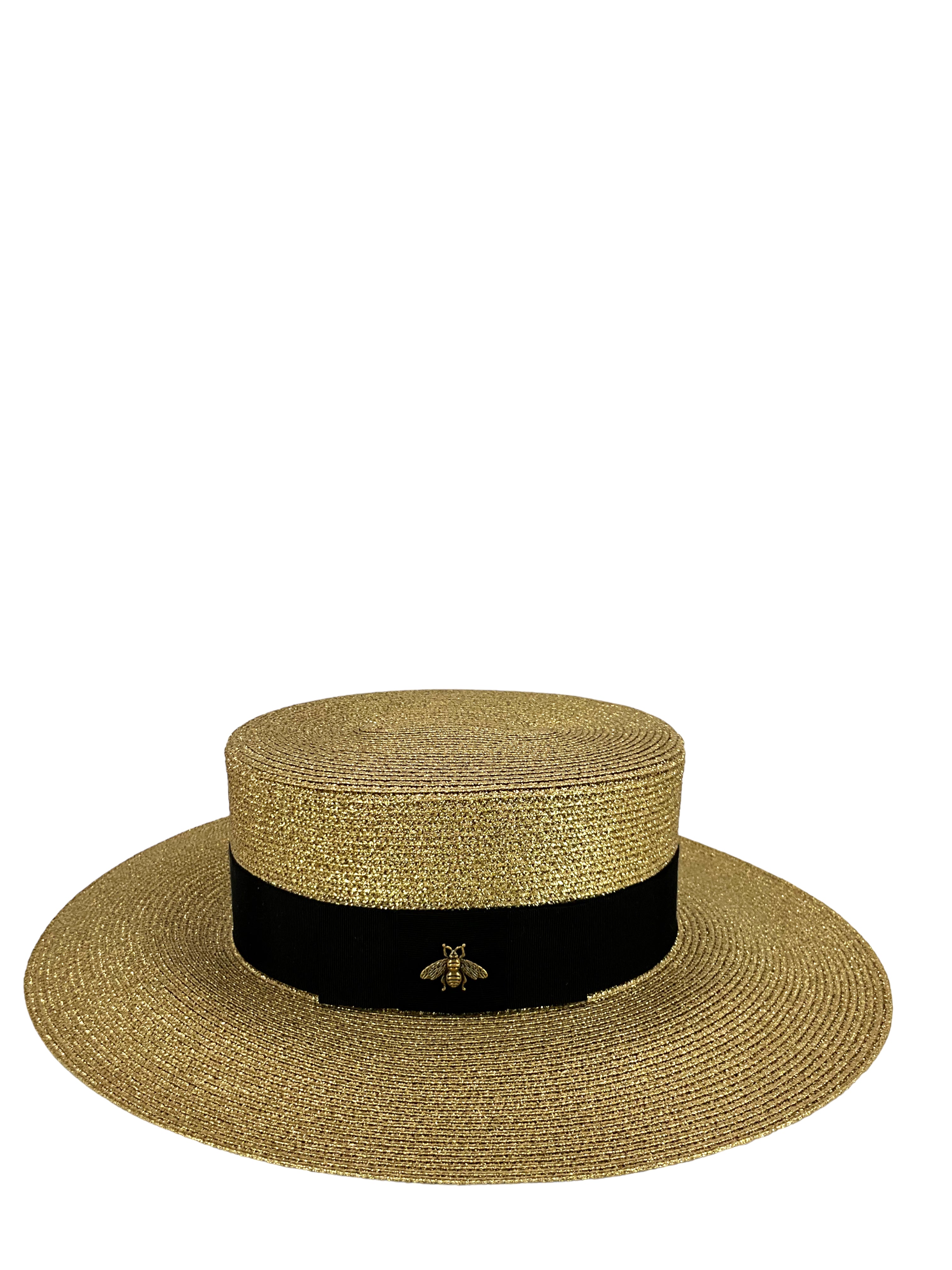 GUCCI Women's Grosgrain Trimmed Glittered Straw Sun Hat - Fashionable Summer Beach Accessory for Vacations, Weddings & Outdoor Events