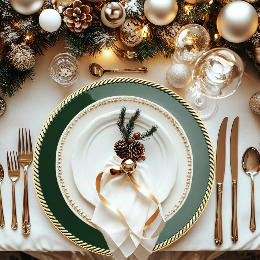 12-Piece Green Plastic Beaded Charger Plates - 13 Inch Round Dinner Plates for Wedding, Christmas & Event Decor - Elegant Table Setting & Holiday Party Decoration