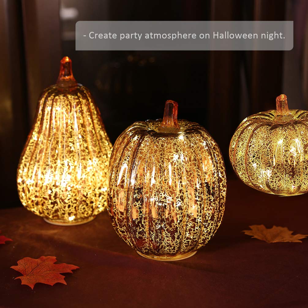 Glass Pumpkin Light - Halloween Decorations for Spooky Party, Haunted House & Fall Home Decor | LED Pumpkin Lantern for Indoor/Outdoor Halloween Party, Thanksgiving & Autumn Table Centerpiece