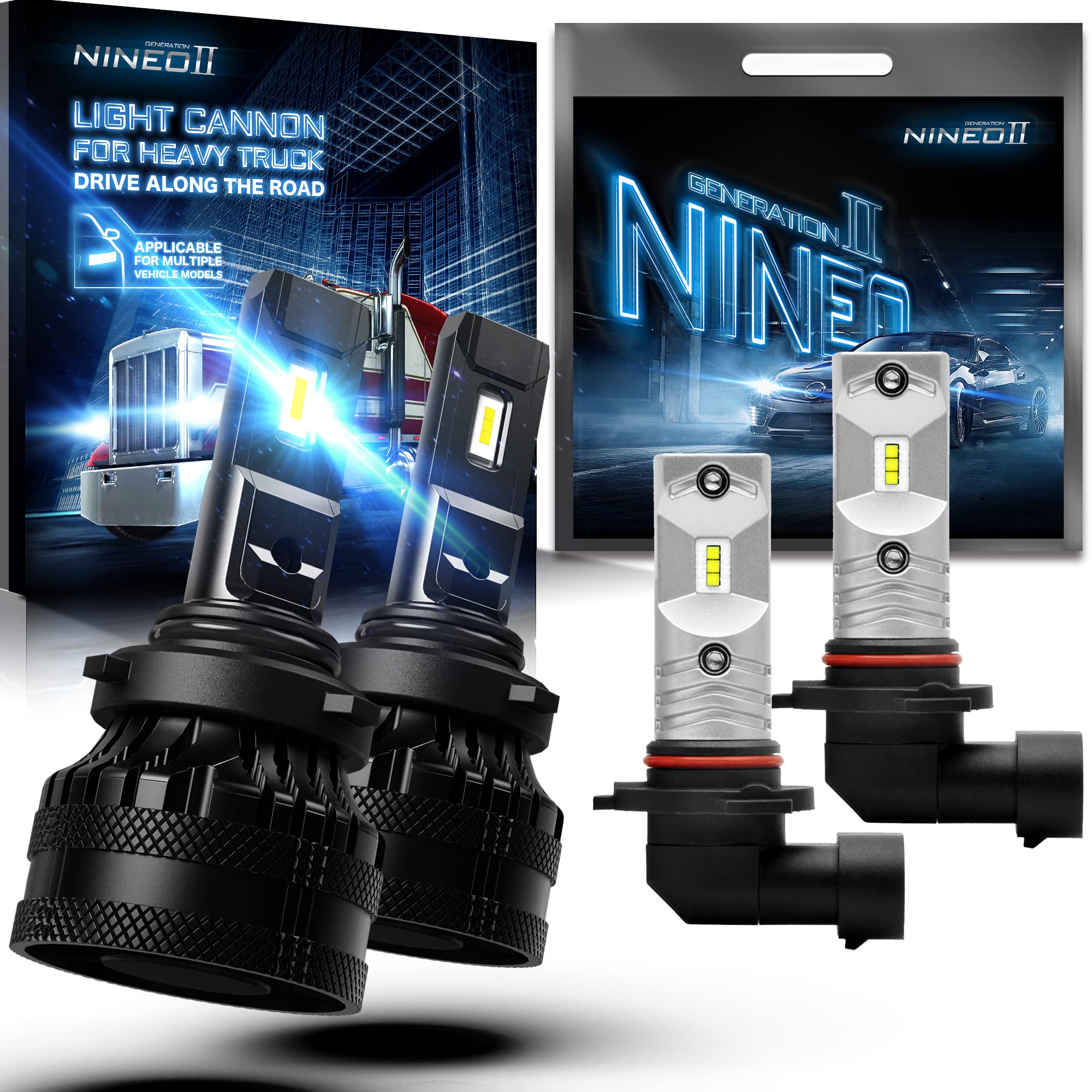 NINEO 9006 LED Headlight Bulbs & H10 LED Fog Light Bulbs - Super Bright 6000K White Light, Plug and Play Replacement for Cars, Trucks, SUVs - Perfect for Night Driving and Foggy Weather Conditions