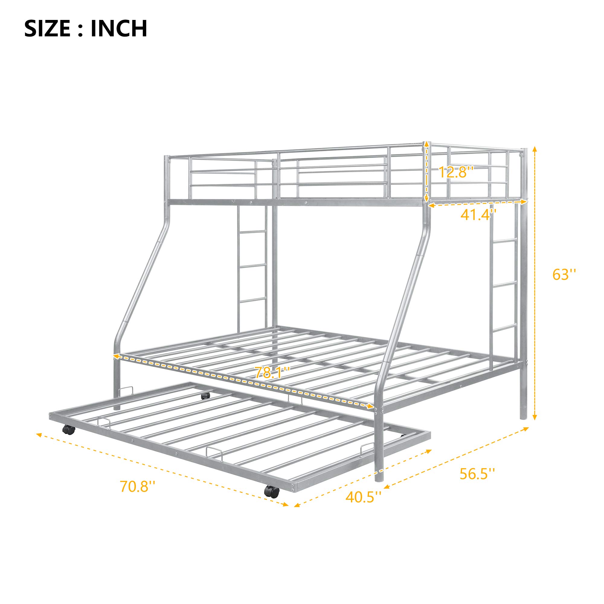 Metal Bunk Beds Twin Over Full Size with 2 Ladders & Trundle - Sturdy Space-Saving Bed Frame for Kids, Teens & Adults in Silver | Perfect for Small Bedrooms, Guest Rooms & Dormitories