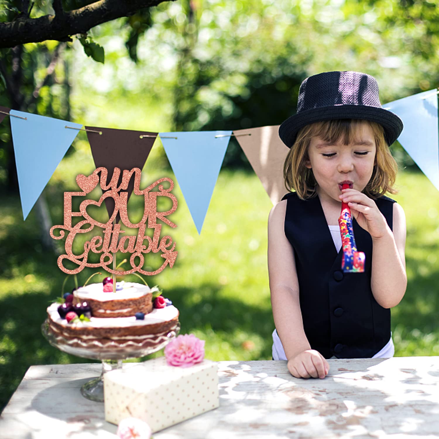 Rose Gold Glitter Happy 4th Birthday Cake Topper - Four Ever Sweet & Unforgettable Cake Decorations for 4th Birthday & Anniversary Parties - Perfect for Celebrations, Baby Showers, and Special Events