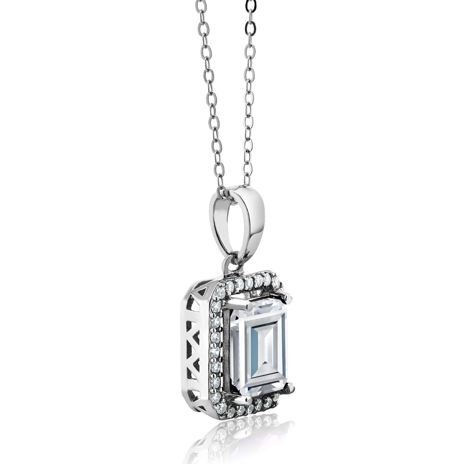 Gem Stone King 925 Sterling Silver Emerald Cut 9x7mm Birthstone Halo Pendant Necklace for Women - 18 Inch Silver Chain | Perfect for Birthdays, Anniversaries & Special Occasions