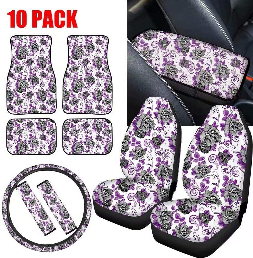 Deeprinter 10-Piece Car Accessories Set - Retro Rose Steering Wheel Cover, Breathable Seat Covers, Floor Mats, Armrest Cover & Seatbelt Clip Covers | Universal Fit for Most Vehicles | Perfect for Daily Commute, Road Trips & Car Interior Protection