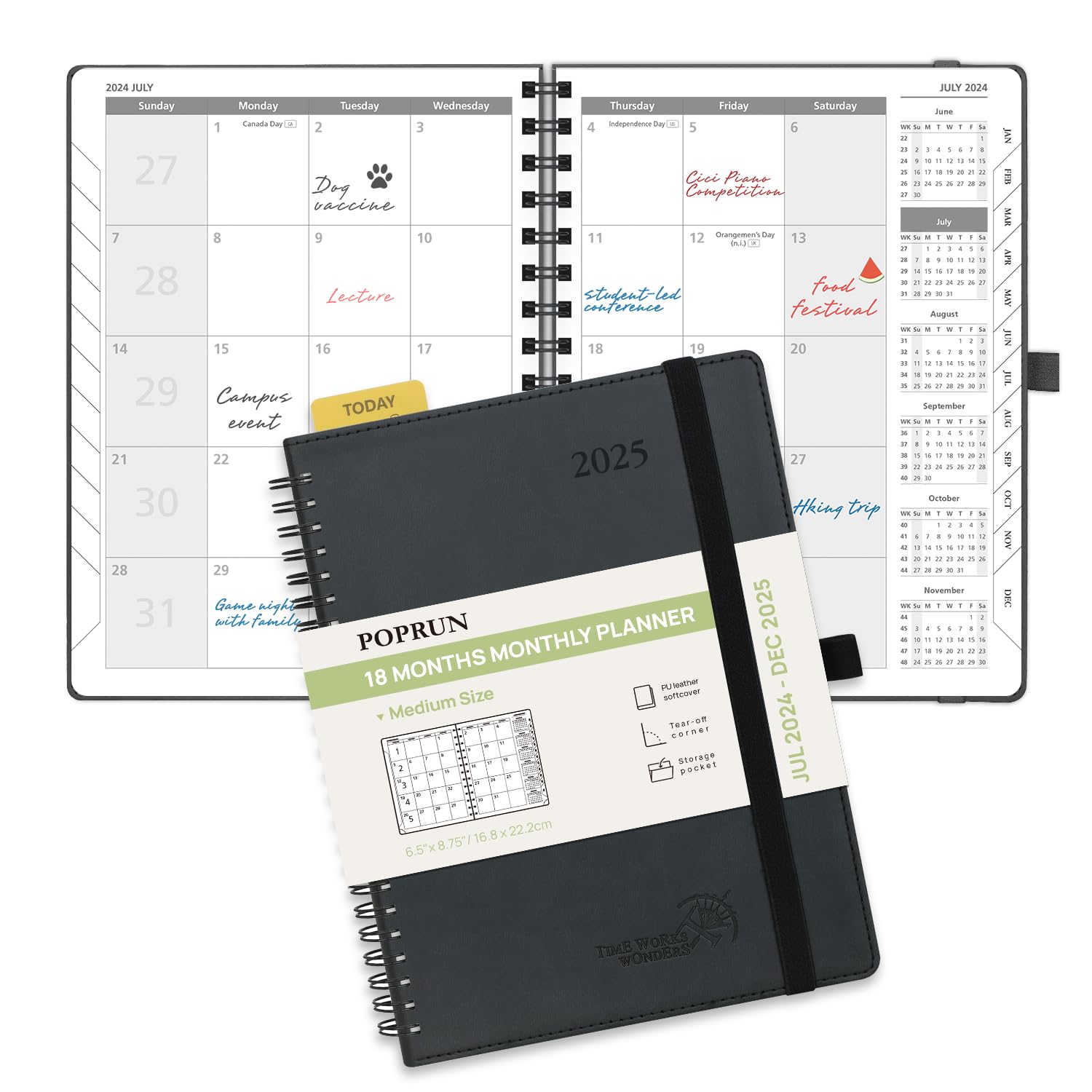 POPRUN 2024-2025 Monthly Planner - 18 Month Spiral Bound Calendar (July 2024 - December 2025) - 6.5