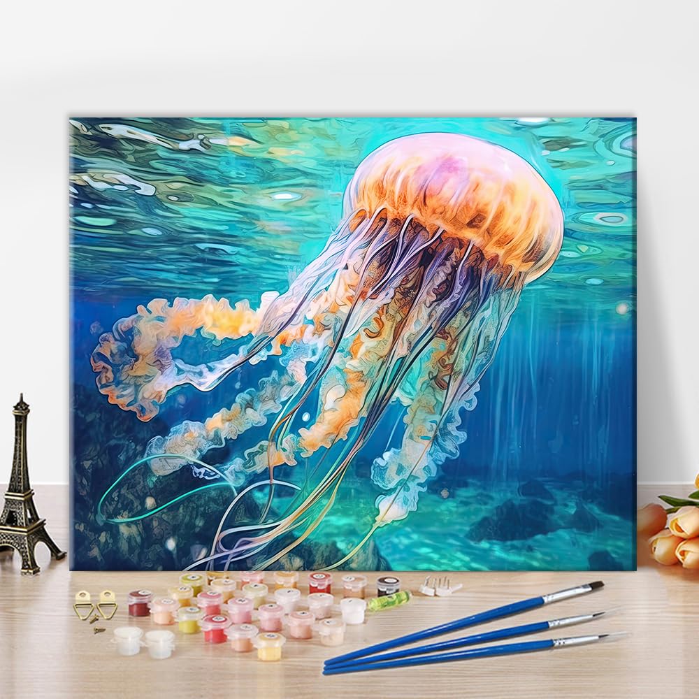 TUMOVO Jellyfish Paint by Numbers Kit for Adults - DIY Ocean Animal Painting on 16x20 Inch Canvas, Beginner-Friendly Art Set for Home Decor & Relaxation | Perfect Gift for Marine Life Lovers