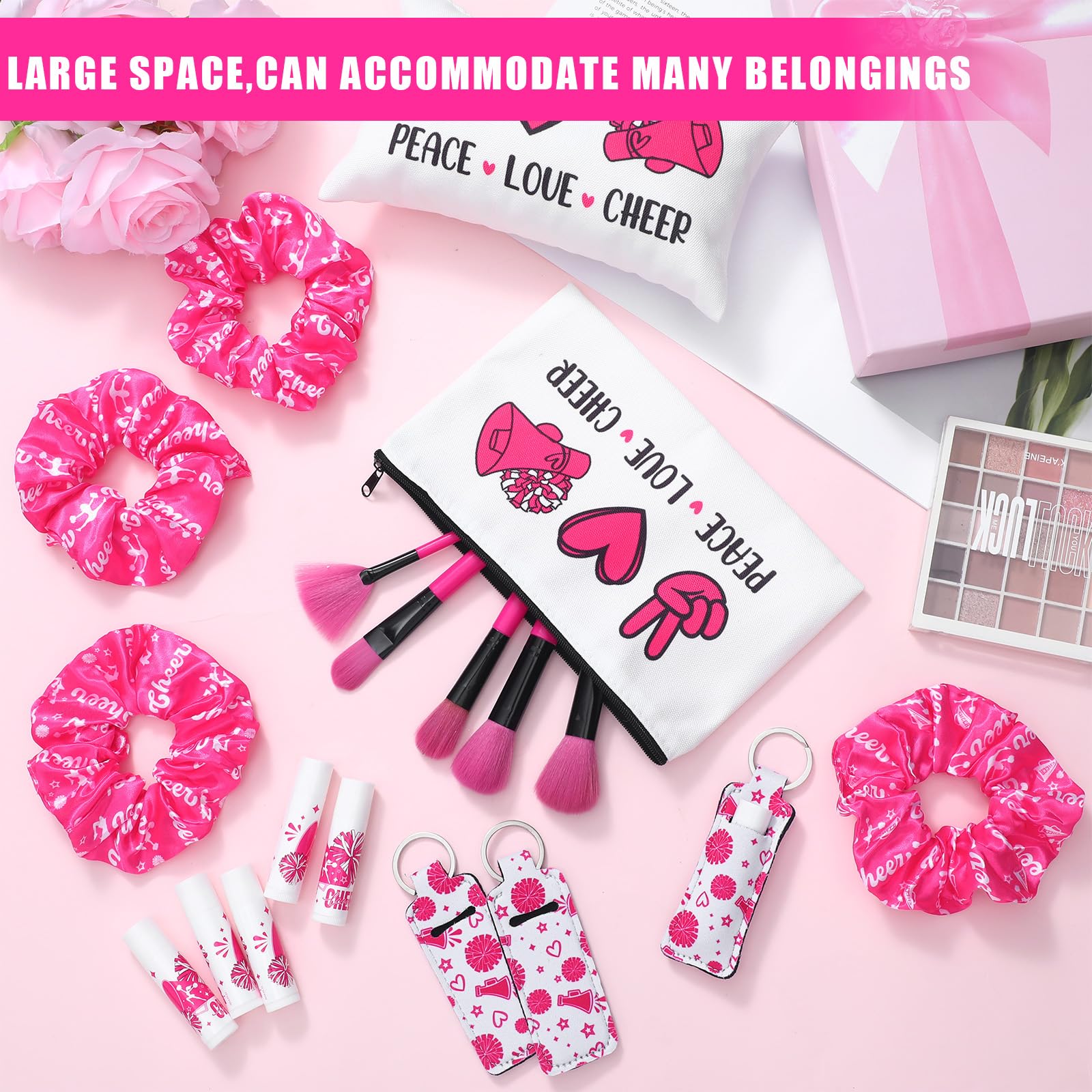 48 Pcs Sports Team Gift Set - 12 Makeup Bags, 12 Hair Scrunchies, 12 Lip Balms & 12 Lip Balm Holders - Perfect for Cheerleaders, Ball Players & Team Accessories - Great for Game Days, Team Events & Sports Gifts