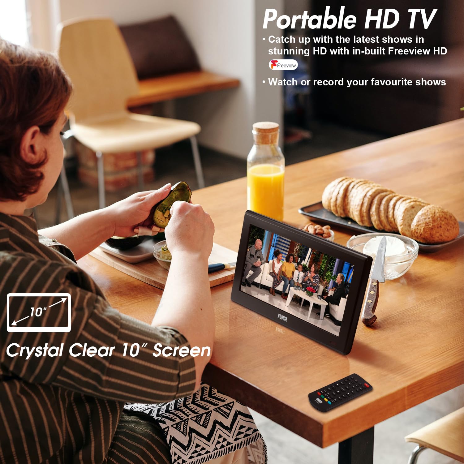 Portable 10-inch (25.4cm) HD Digital TV with TNT - August DA100D LED Screen, HDMI & AV Inputs, USB Player - Works with AC Power, AA Batteries or Car Cigarette Lighter - Perfect for Camping, Road Trips and Emergency Use