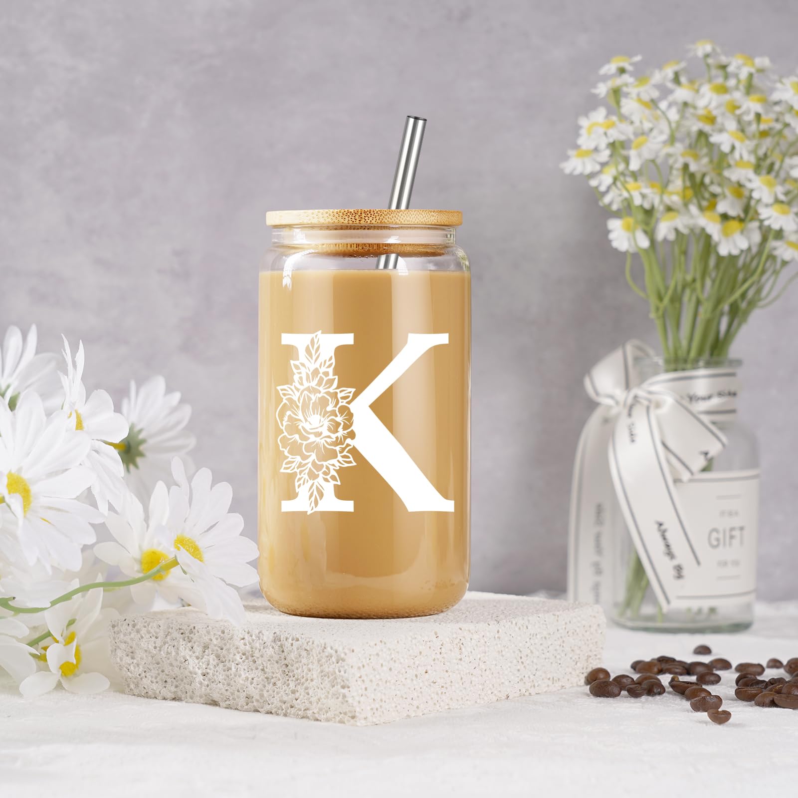 Personalized Coolife Initial Glass Cup - 16 oz Monogrammed Tumbler with Lid & Straw for Iced Coffee, Smoothies, Beer - Perfect Mothers Day, Birthday Gift for Women, Mom, Friend - Ideal for Home, Office, Travel Use