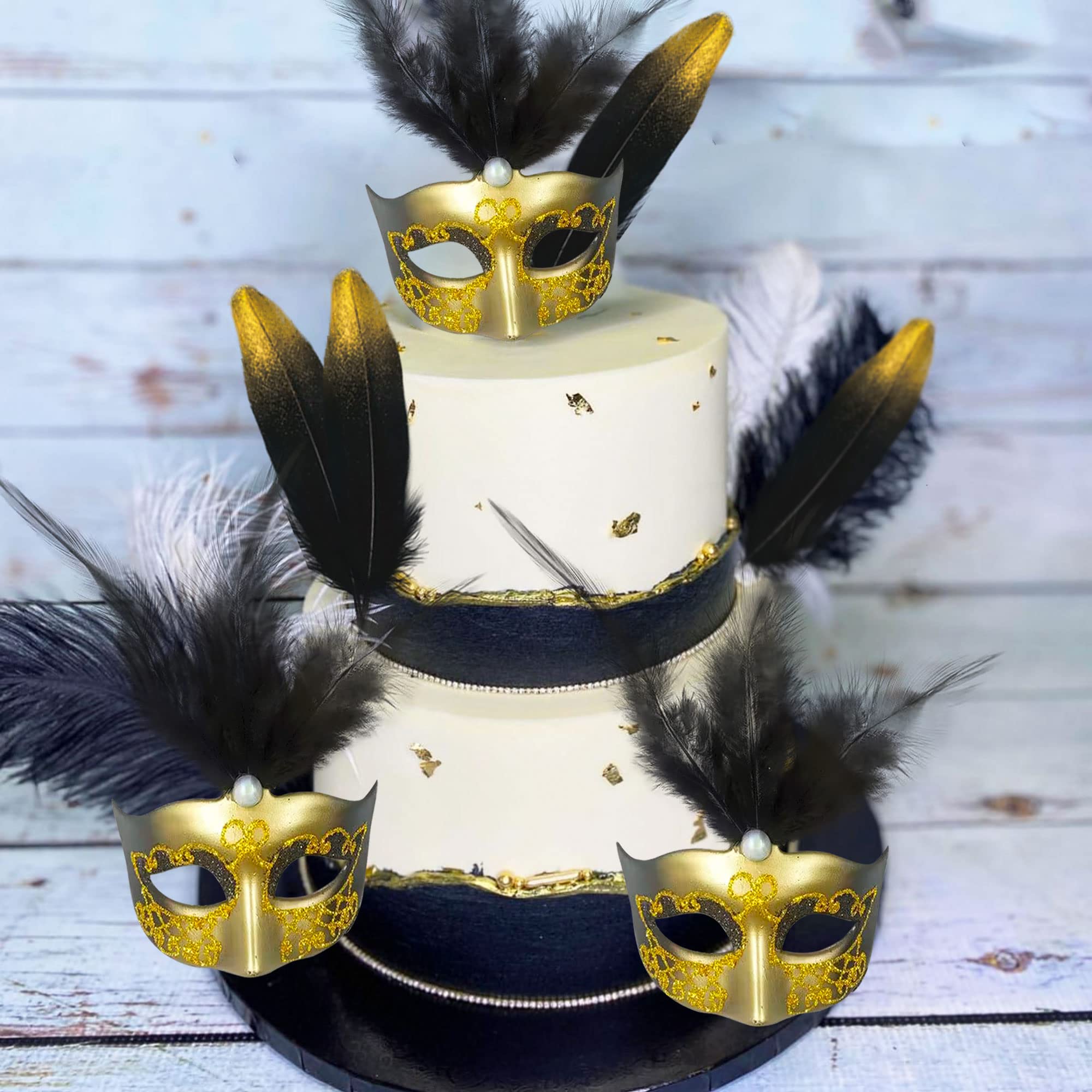 JeVenis Art Deco Cake Mask - Black Gold Masquerade Mask with Feathers for Gatsby Themed Prom Cakes, Wedding Cakes & Party Dessert Decorations | Perfect for 1920s Inspired Events, Birthday Parties & Elegant Celebrations