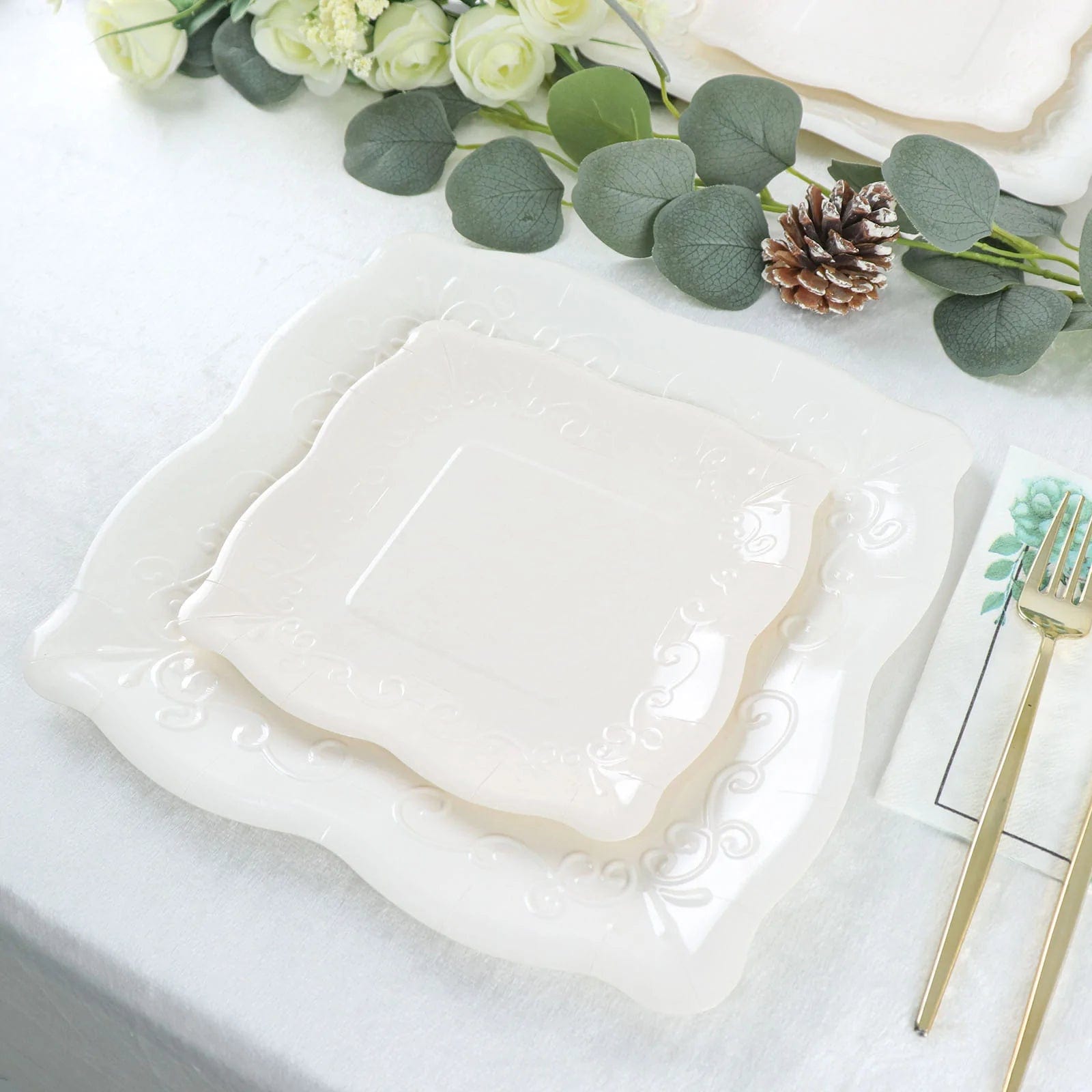 25 Pack Square Disposable Dessert Plates with Elegant Scroll Design - Perfect for Parties, Weddings, and Dinner Events