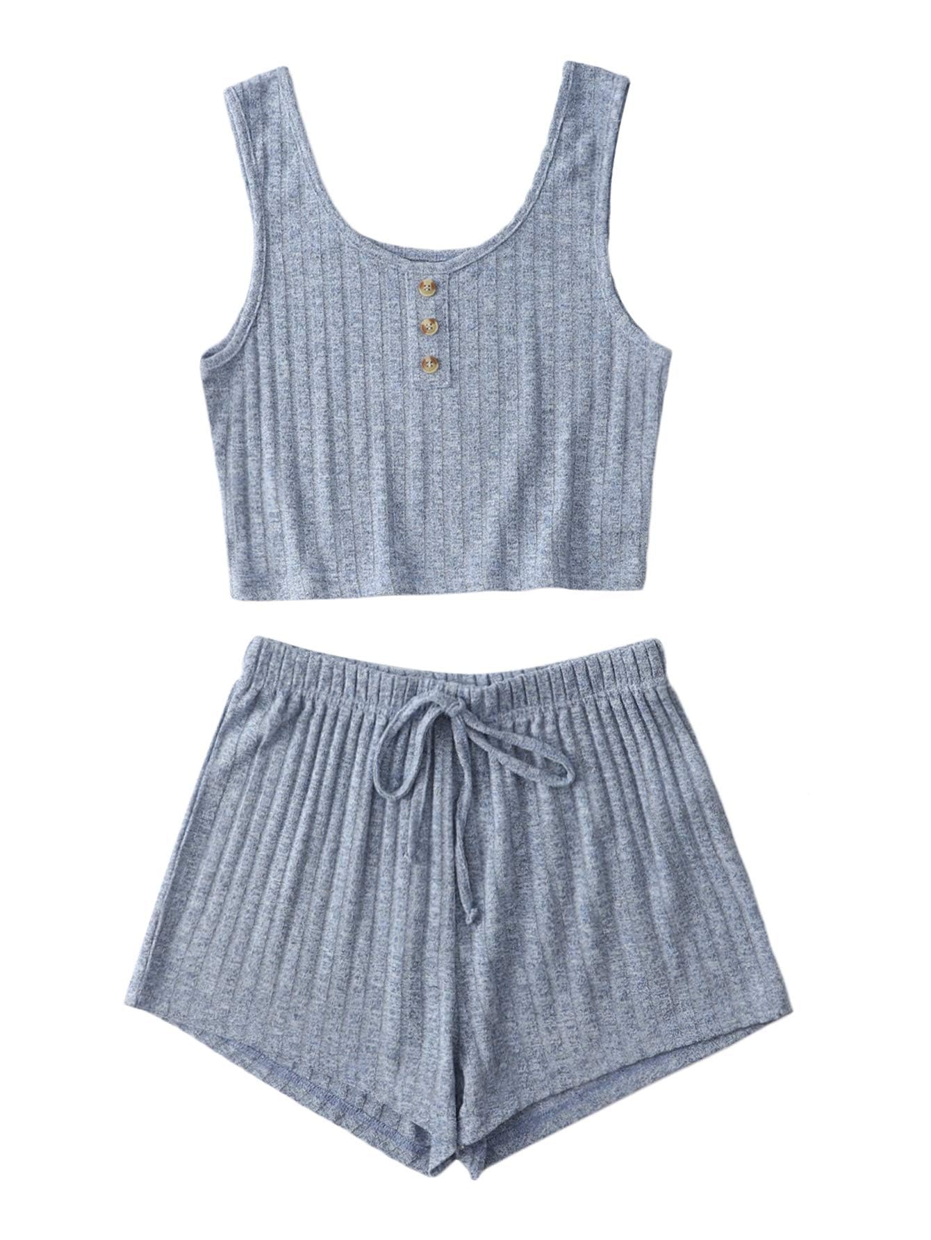 SOLY HUX Women's Ribbed Knit Pajama Set - Sleepwear & Lounge Wear for Comfort