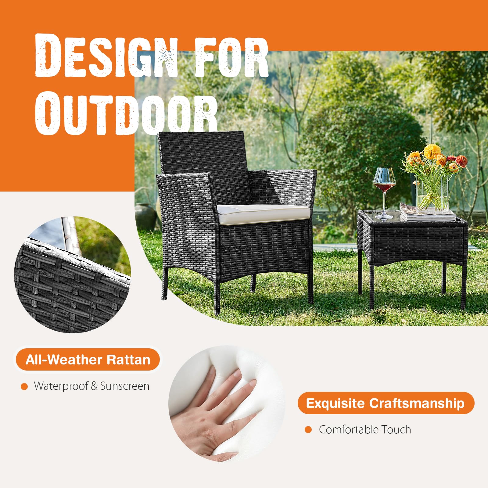 Sweetcripy 3-Piece Patio Furniture Set - Outdoor Wicker Rattan Sofa with Soft Cushions & Glass Table, All-Weather Manual Weaving Design for Garden, Terrace, Porch (Black/Beige) - Perfect for Backyard Relaxation, Poolside Lounging & Outdoor Entertaining