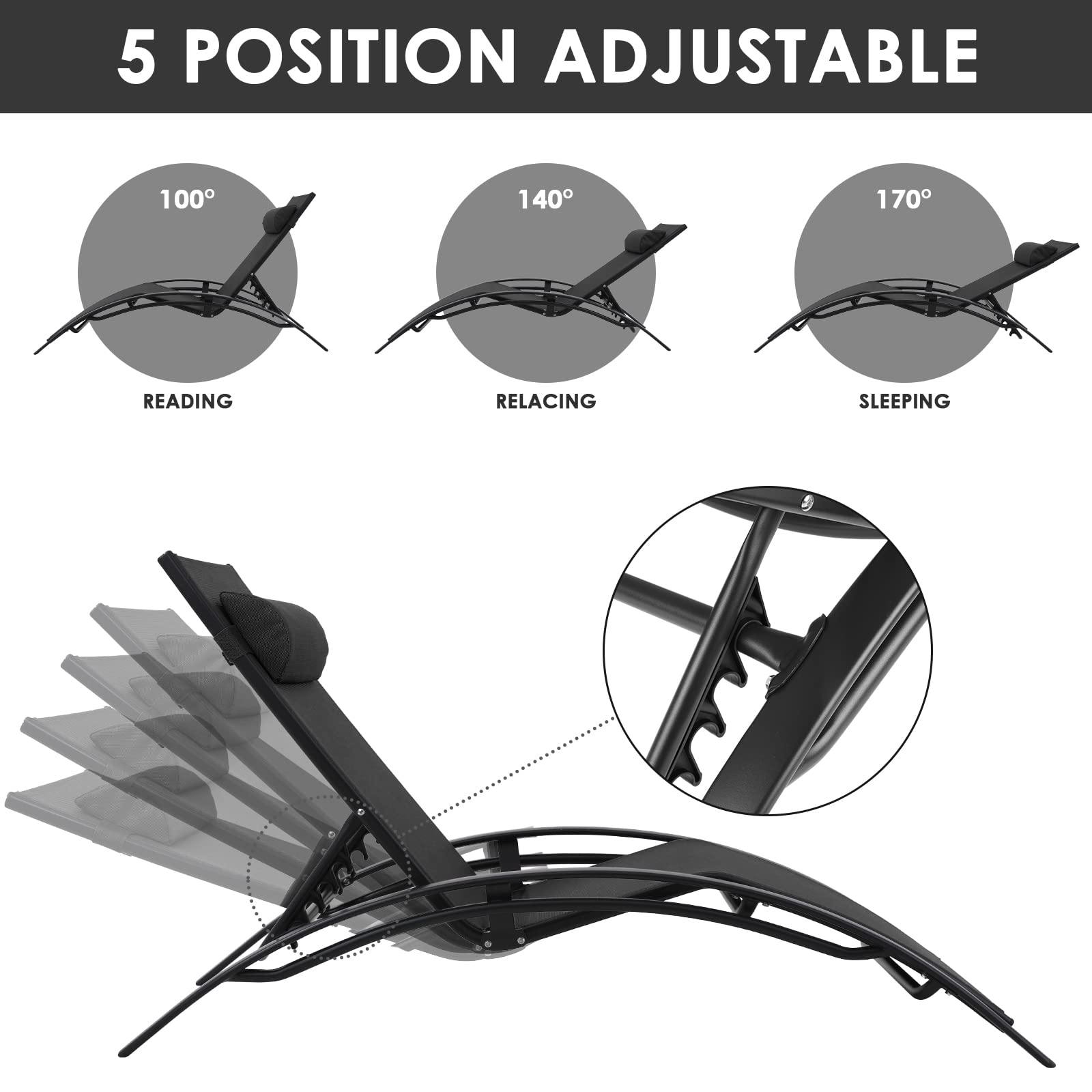 **AthLike 3-Piece Pool Chair Set with Headrest – Adjustable Patio Chaise Lounge for Sunbathing, Tanning – Outdoor Beach & Poolside Recliner Chairs with Side Table (Black) – Perfect for Backyard, Resort & Vacation Relaxation**