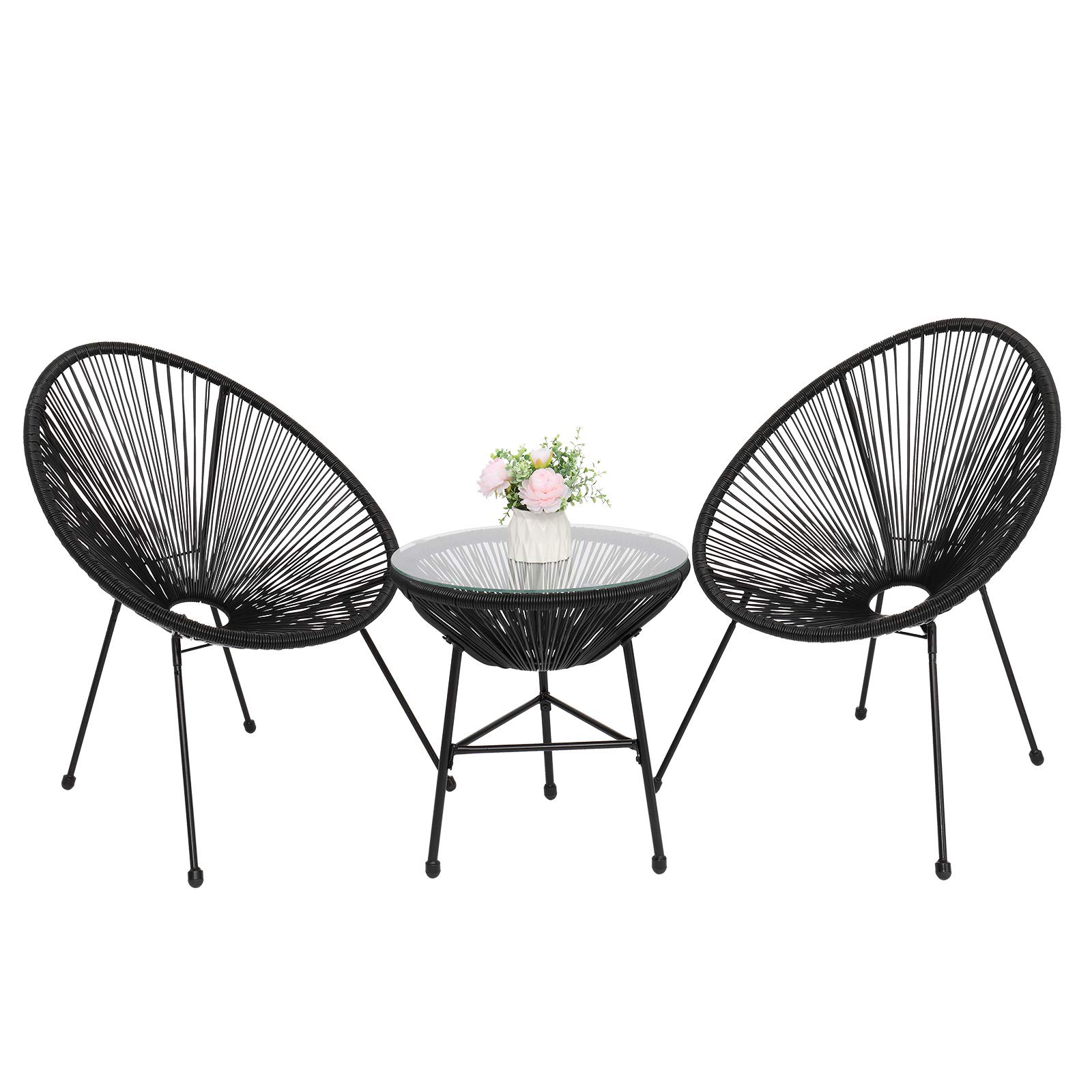 3-Piece All-Weather Patio Acapulco Bistro Set - 2 Chairs & Glass Top Table - Black Outdoor Furniture for Garden, Balcony, Poolside & Backyard Dining