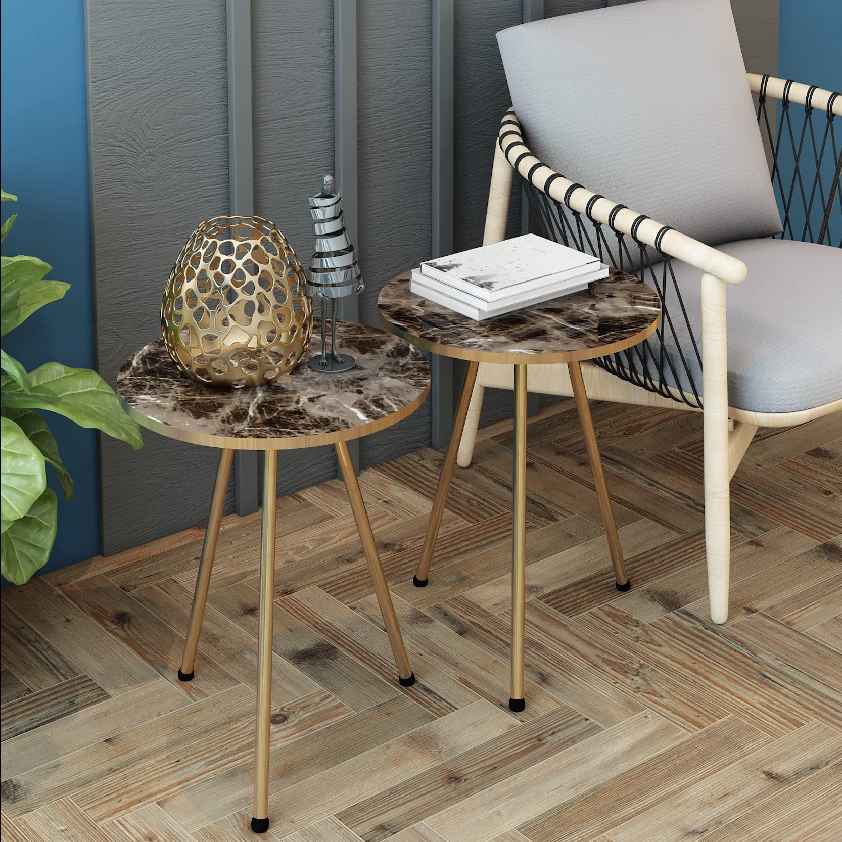 2-Piece Round Nesting End Tables with Marble Look Wood Finish - Gold Accent Sofa Side Tables, No-Tools Assembly Nightstand for Small Spaces (Brown Marble/Gold) | Perfect for Living Room, Bedroom & Studio Apartments