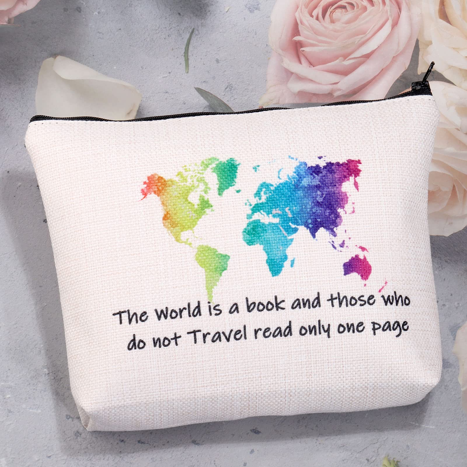 MBMSO Travel Makeup Bag - 'The World is a Book' Printed Cosmetic Organizer - Perfect Travel Accessory for Women, Travel Lovers & Wanderlust Gifts (Great for Vacations, Road Trips & Airplane Carry-On)