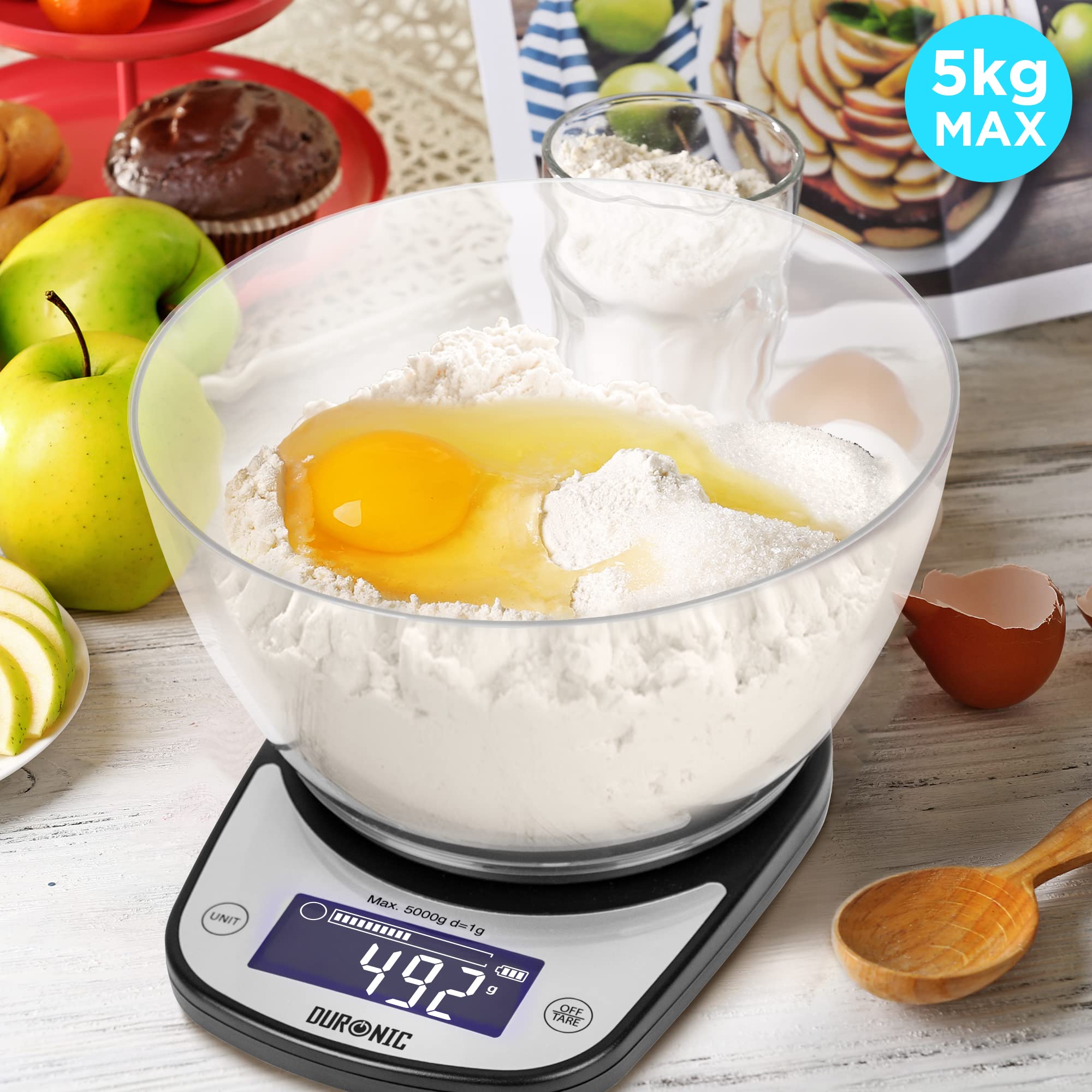 Duronic Digital Kitchen Scale KS5000 BK/CR - Precision Electronic Food Scale with Bowl & Backlit LCD Display for Cooking, Baking, Measuring Pet Food & Postal Packages - Perfect for Home Kitchen, Bakeries & Small Businesses