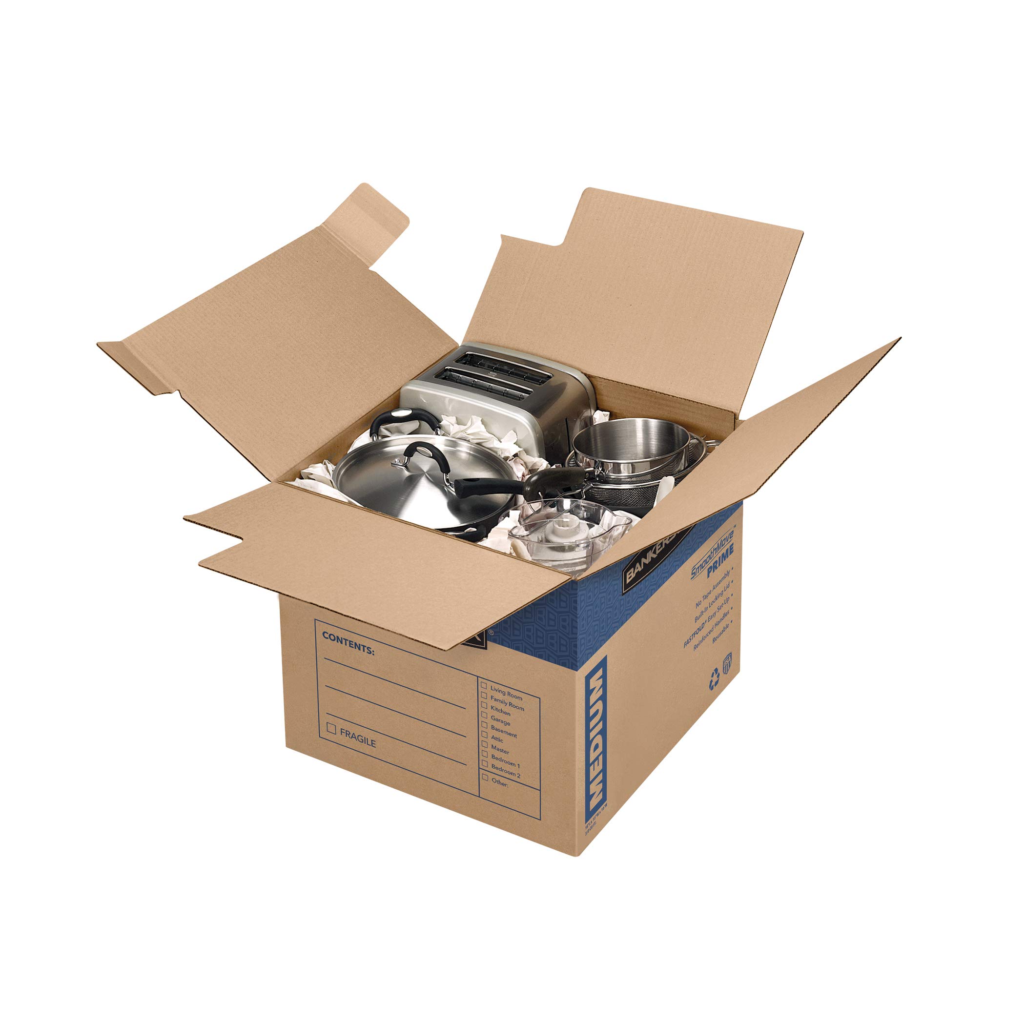 Bankers Box Medium Prime Moving Boxes - 15-Pack with Tape-Free FastFold, Reinforced Handles & Secure Locking Lid | Heavy-Duty Storage for Office, Home & Moving | Perfect for Documents, Books & Household Items