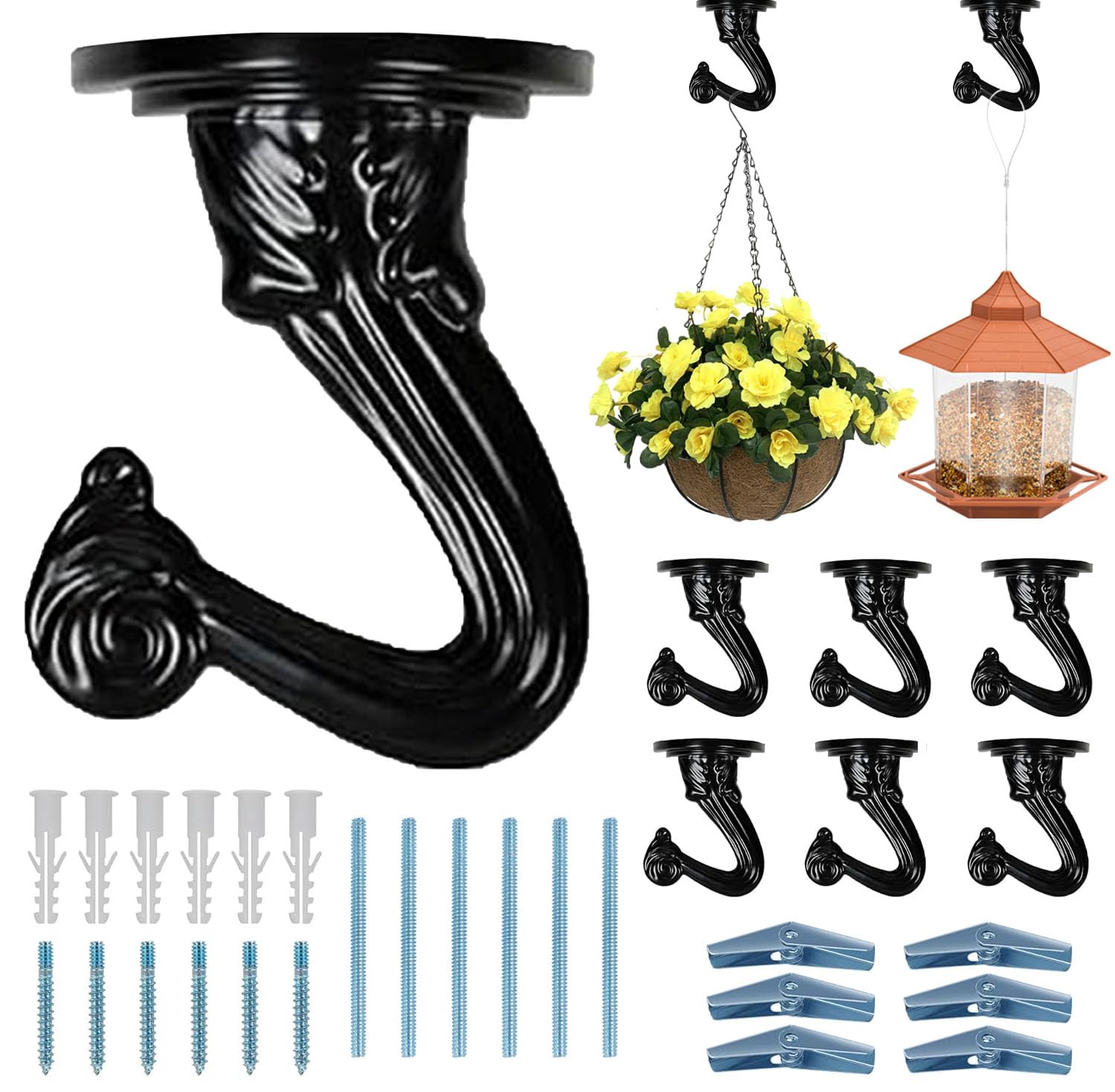 6 Pack Heavy Duty Black Metal Ceiling Hooks - Screw-in Wall Hooks for Hanging Plants, Lights, Wind Chimes, Bird Cages & Lanterns | Indoor & Outdoor Use for Home, Garden, Patio & Balcony Decor