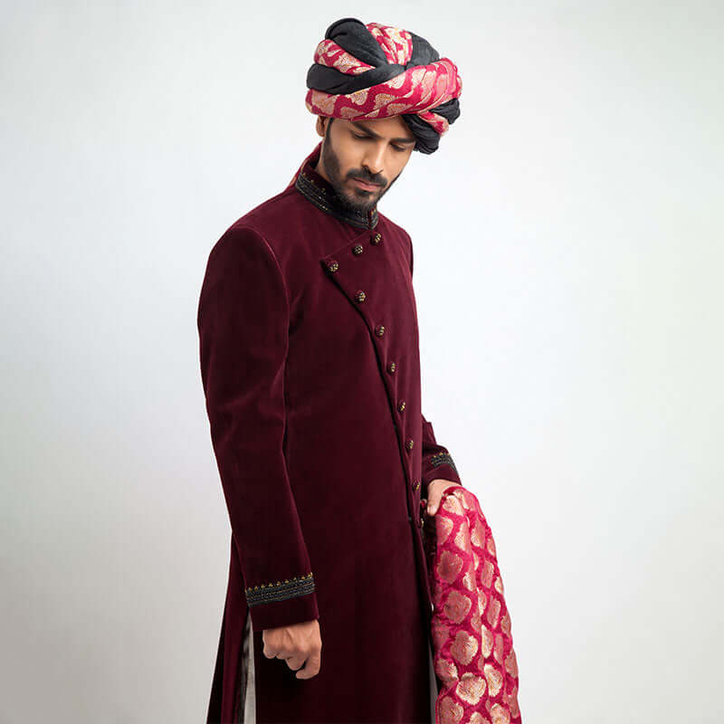 Elegant Deep Maroon Velvet Sherwani for Men | Slim Fit Indian Wedding Suit | Perfect for Grooms, Festivals & Special Occasions