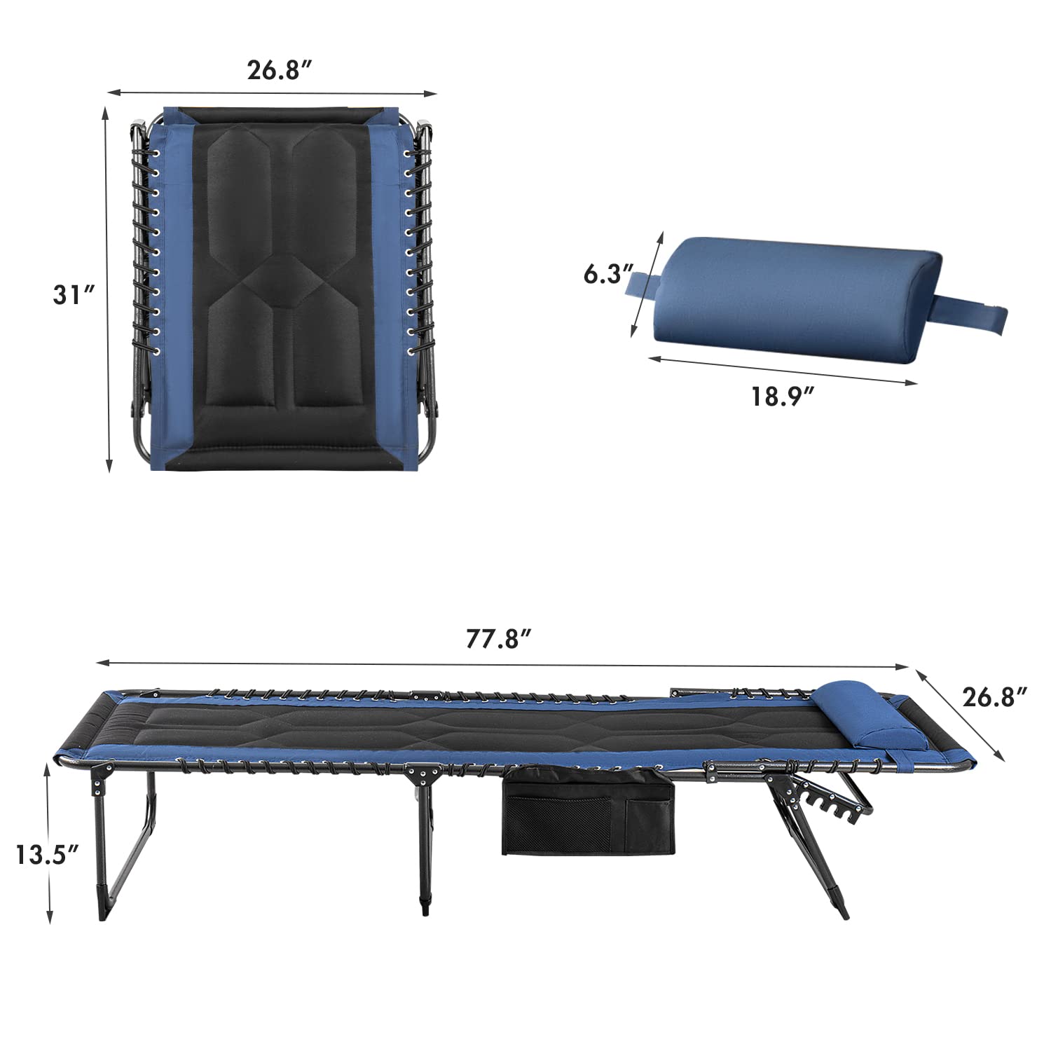 Flamaker 4-Position Adjustable Folding Chaise Lounge Chair - Portable Outdoor Recliner with Pillow & Side Pocket - Lightweight Camping, Beach, Pool Sunbathing Chair for Patio, Backyard, Deck (Blue) - Perfect for Relaxing, Travel & Outdoor Adventures