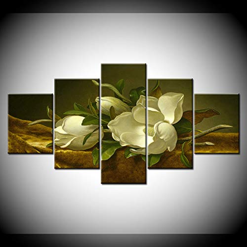 5-Piece Canvas Wall Art Set - Magnolia Flower on Gold Velvet Framed Paintings for Living Room, Bedroom & Office Decor | Multi-Panel Home Wall Decor | Ready-to-Hang Artwork for Modern Interior Design