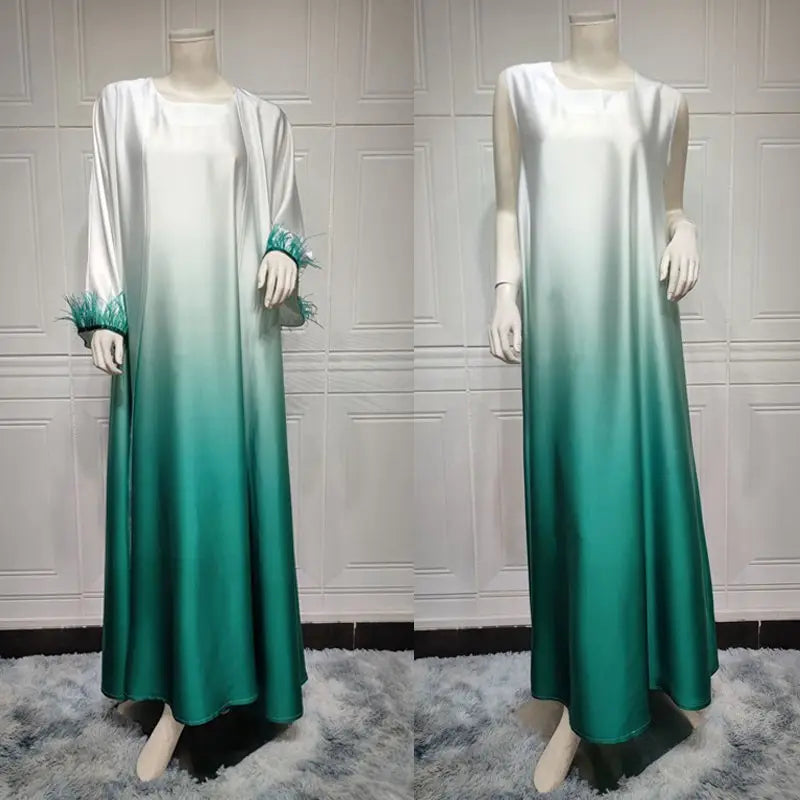 2 Piece Set Color Gradient Satin Open Abaya Dress with Inner Sleeveless Dress - Elegant Muslim Women's Prayer Dress for Eid, Ramadan & Special Occasions