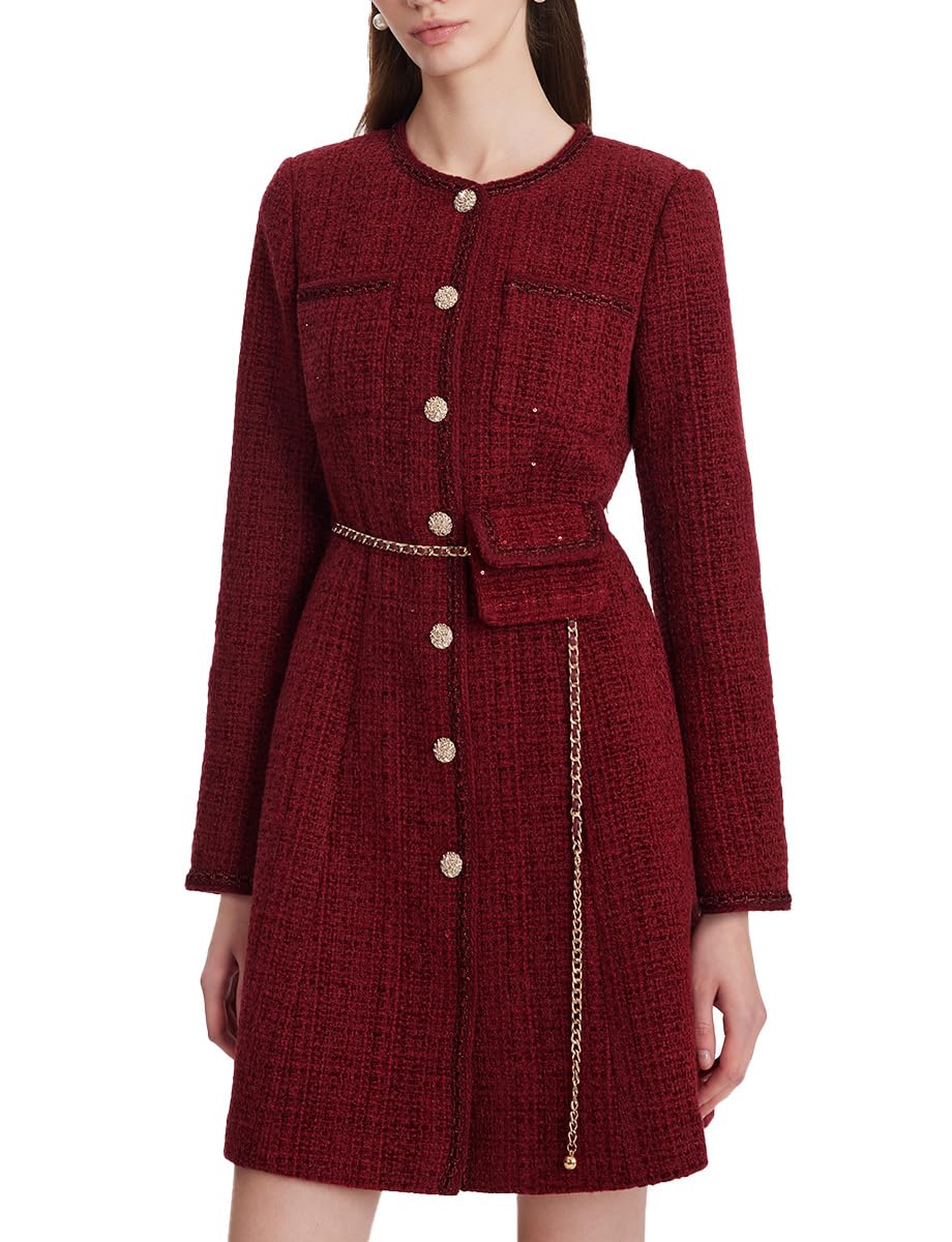 Elegant Women's Tweed Mini Dress with Long Sleeves & Metal Buttons | Formal Crewneck Button Up Dress for Office, Party & Special Occasions