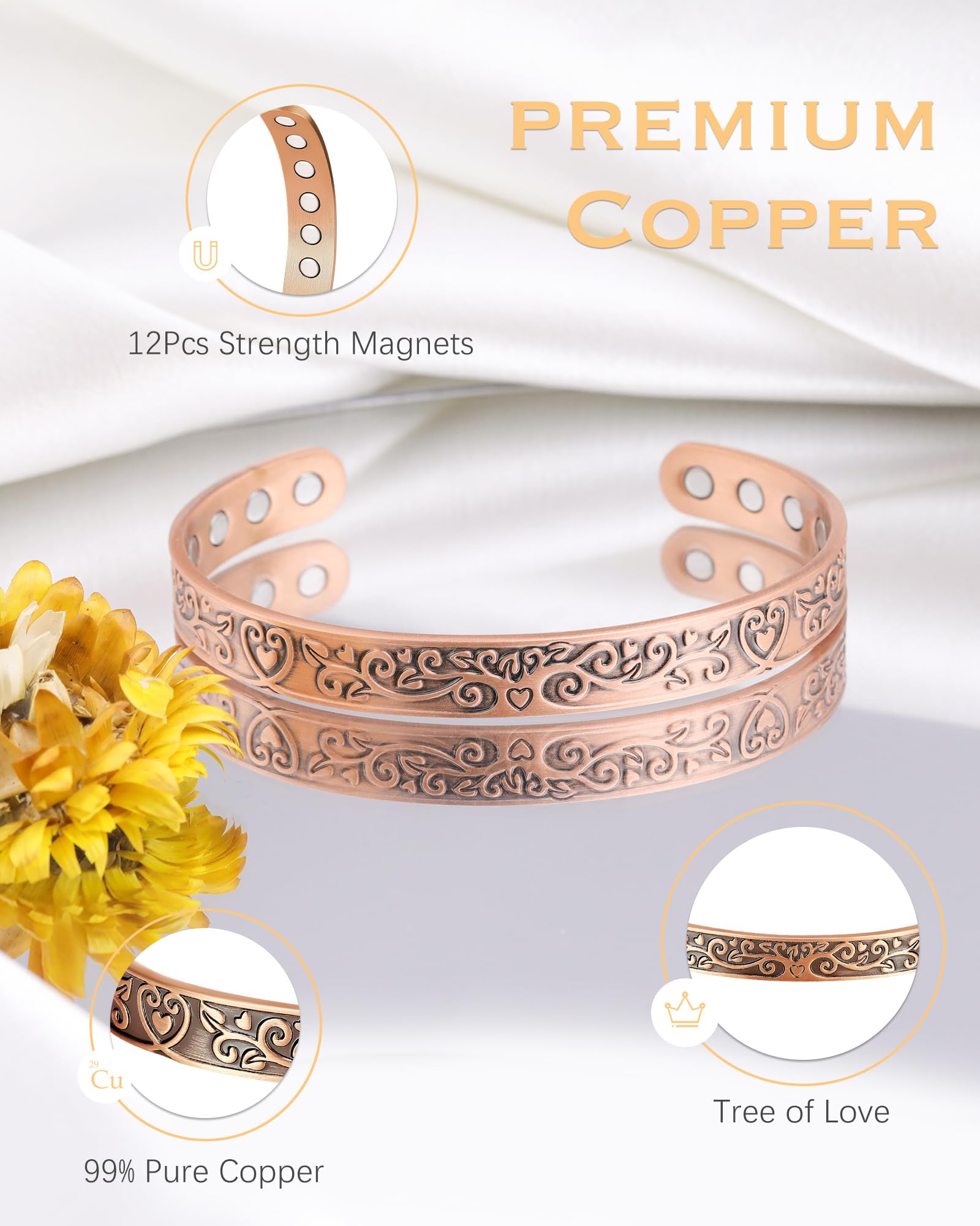 Jeracol 12X Ultra Strength Copper Bracelets for Men & Women - 99.99% Pure Solid Copper Magnetic Therapy Bracelet with Tree of Life Design - Arthritis Pain Relief & Improved Circulation - Comes with Elegant Gift Box - Perfect for Daily Wear, Yoga, Meditation & Wellness Gifts