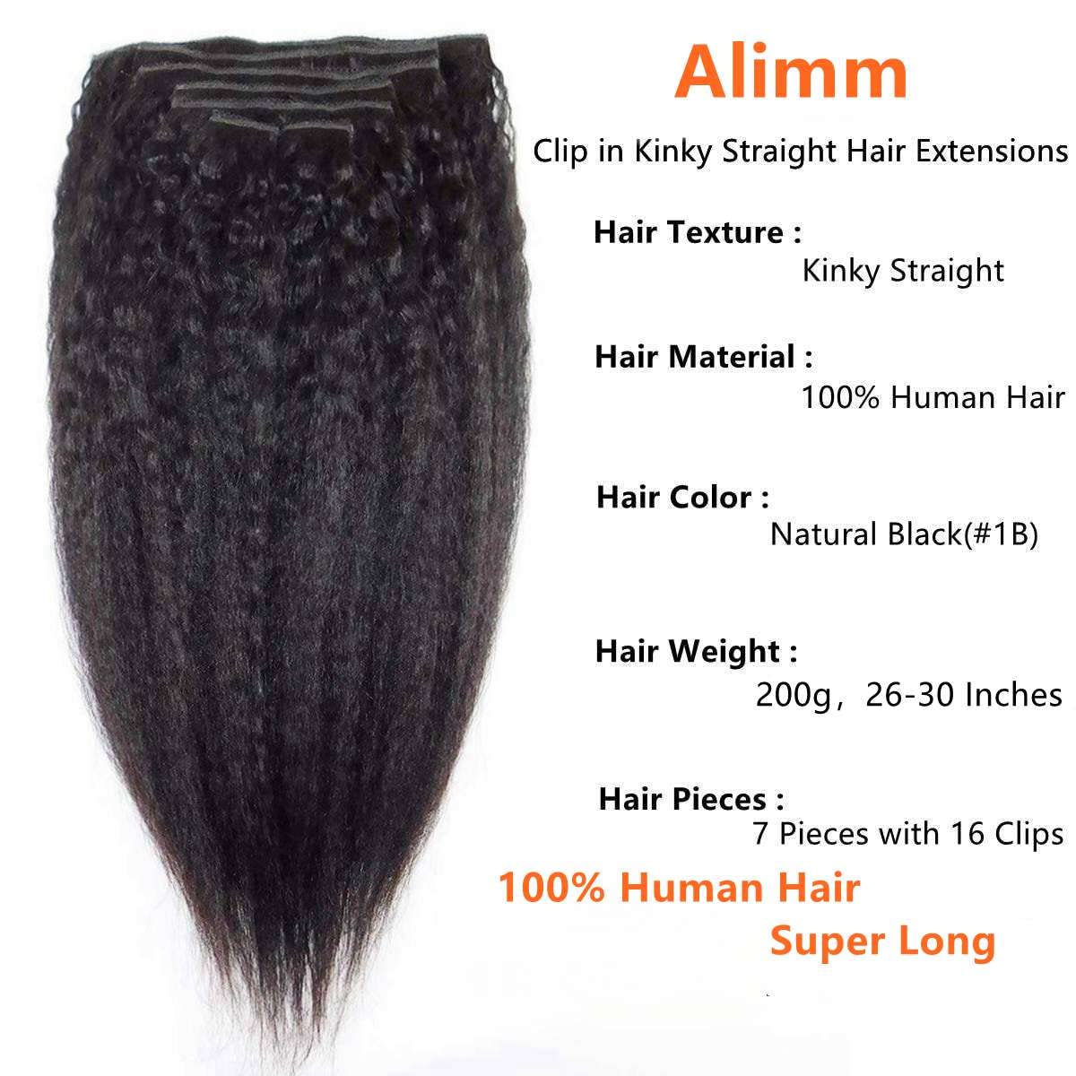 Clip-in Kinky Straight Human Hair Extensions - 7Pieces 16 Clips Double Lace Weft (26 inch, #1B) | Alimm Coarse Yaki Straight Hair for Natural Look | Perfect for Daily Wear, Parties & Special Occasions