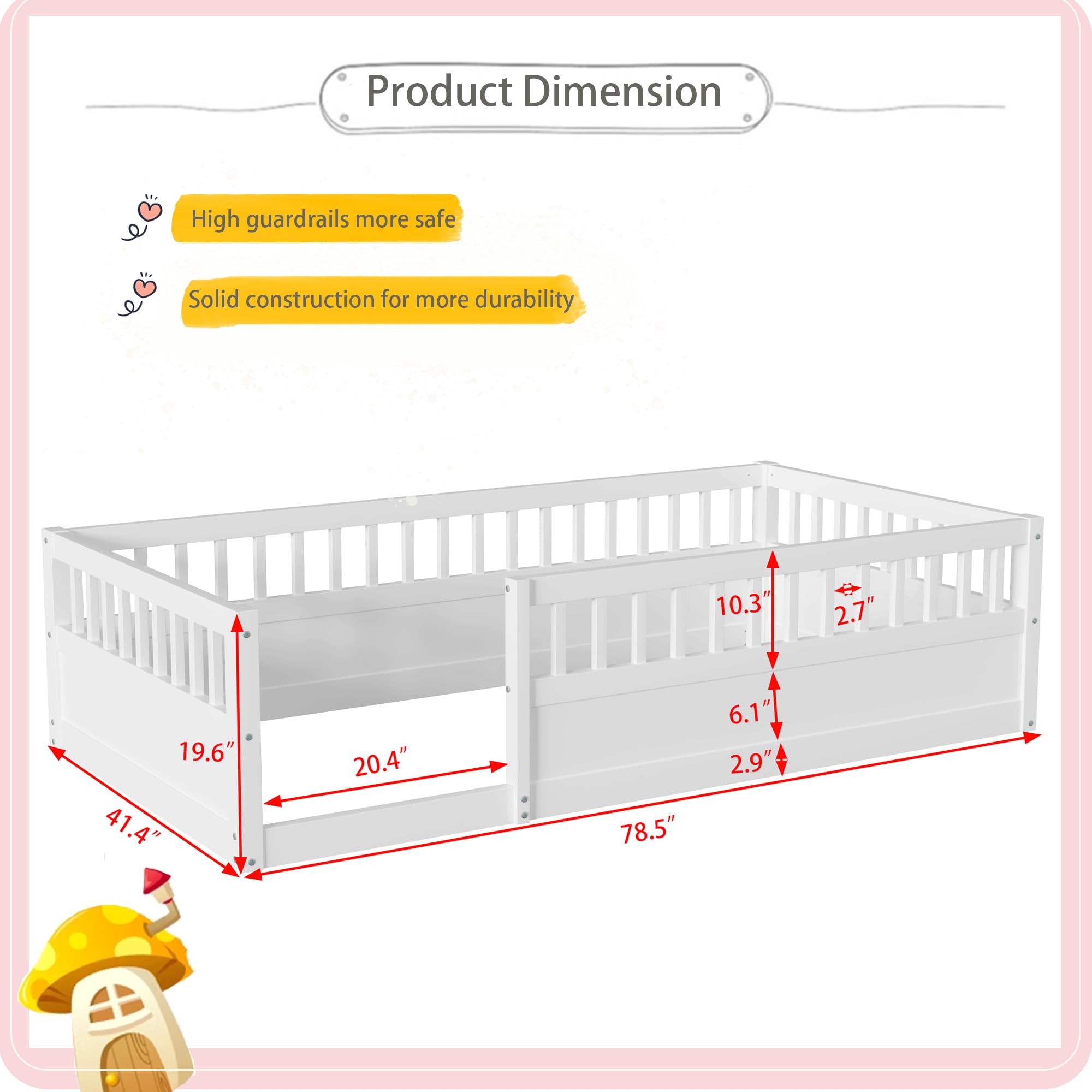 Montessori Floor Bed for Kids - Twin Size Wooden Playhouse Bed with High Safety Railings for Baby Boys, Girls & Teens - No Slats Included - White - Perfect for Montessori Bedrooms, Playrooms & Safe Toddler Sleep Spaces