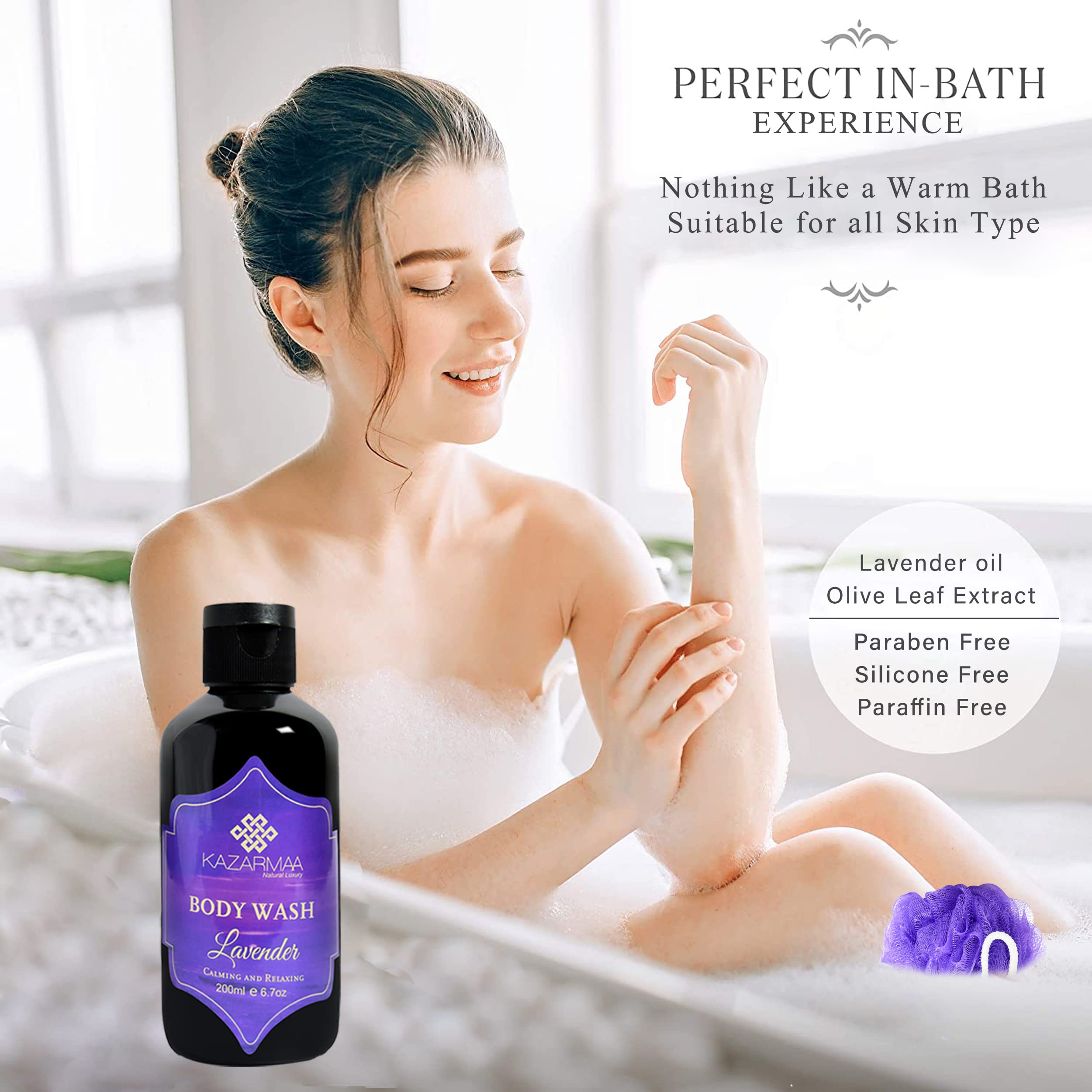 KAZARMAA Lavender Shower Gel & Body Wash - Moisturizing, Calming & Relaxing - 200ml with Loofah - Perfect for Stress Relief & Aromatherapy Baths