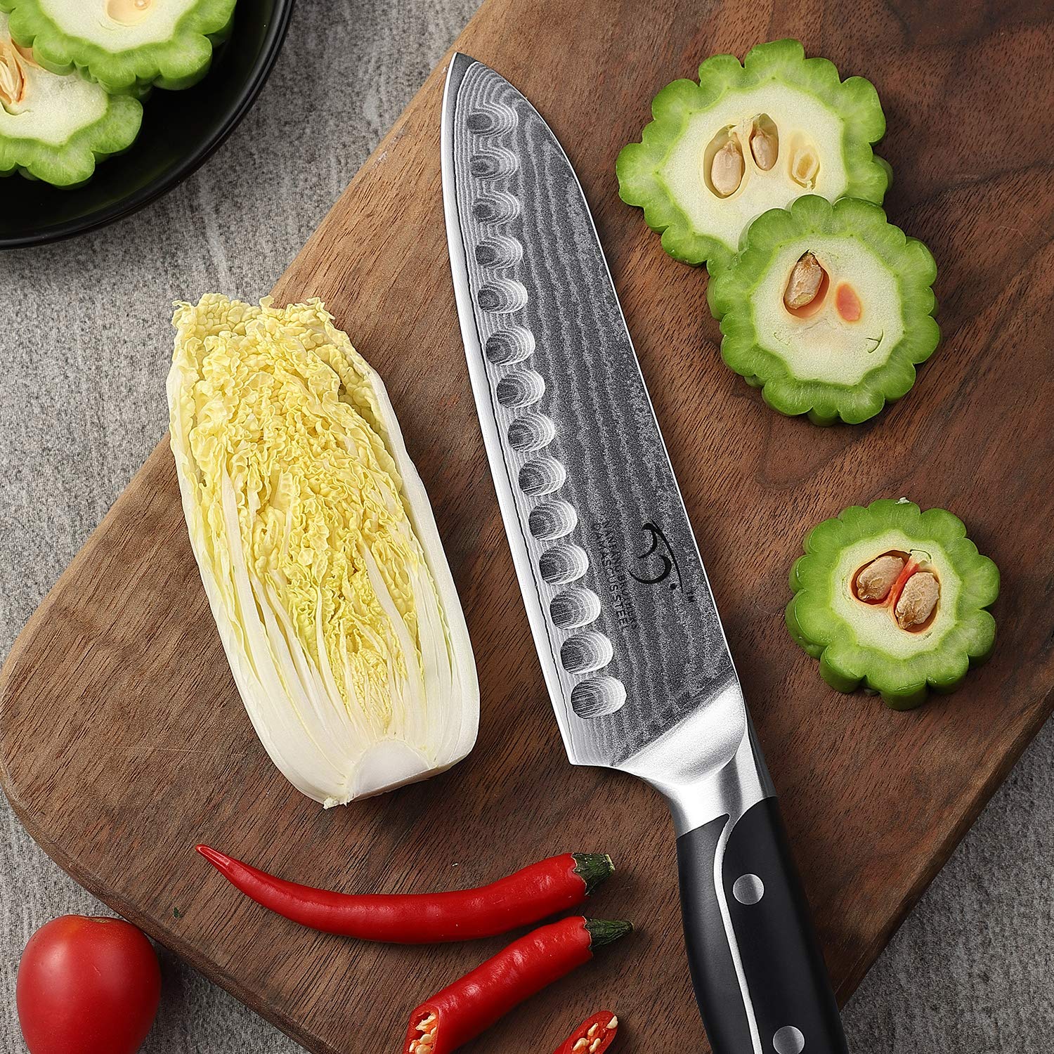 Premium Damascus Steel Kitchen Knife Set - 9-Piece Chef Knives with Wooden Block, Ergonomic ABS Handles, Knife Sharpener & Kitchen Shears - Perfect for Home Cooking, Professional Chefs & Gourmet Food Preparation