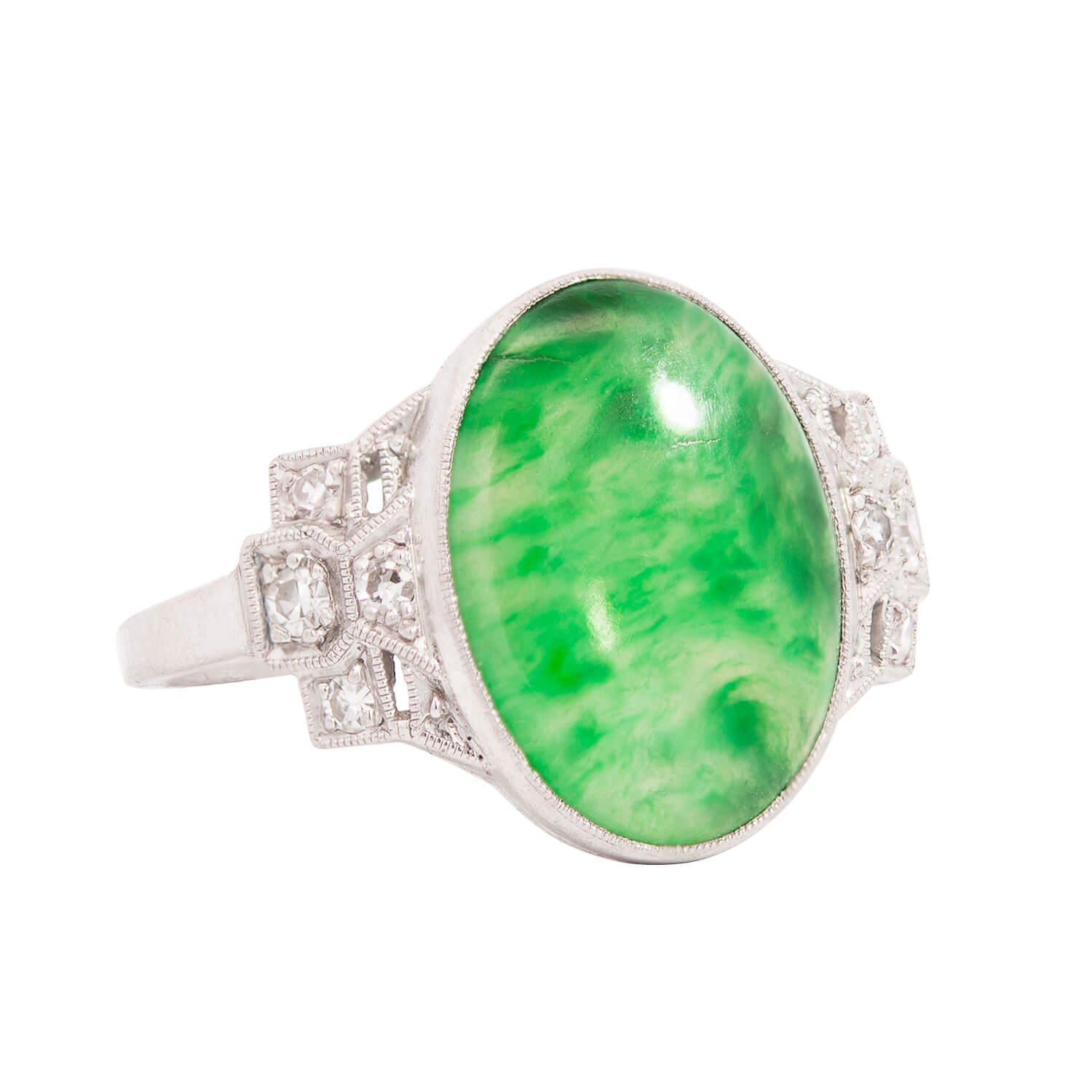 Antique Edwardian Platinum Jade and Diamond Ring - Vintage Jewelry for Weddings, Engagements & Special Occasions