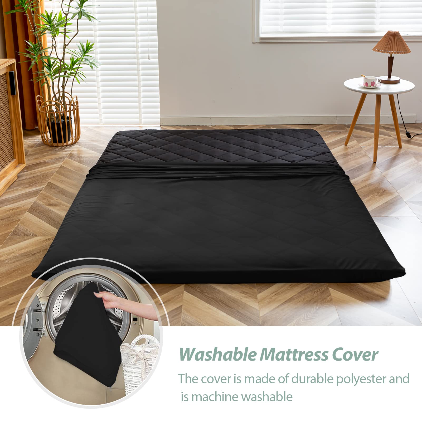 MAXYOYO Japanese Floor Futon Mattress - Queen Size Foldable Floor Bed for Adults, Diamond Pattern Roll-Up Mattress - Perfect for Guest Rooms, Small Spaces & Minimalist Living (Black)