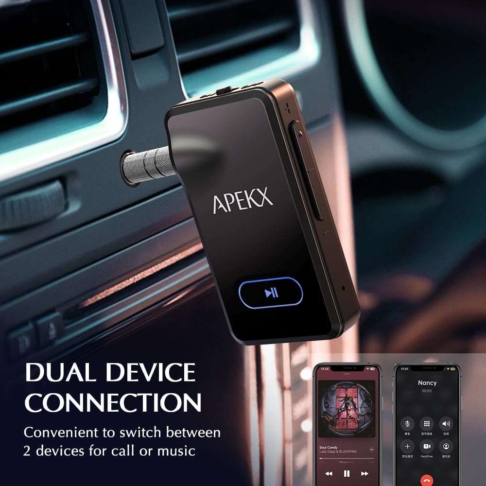 APEKX Bluetooth Car Adapter, Wireless Hi-Fi Audio Receiver with 3.5mm AUX Port & 15-Hour Battery Life for Home Stereo (Black) - Perfect for Hands-Free Music Streaming in Car, Office, or Home Audio Systems