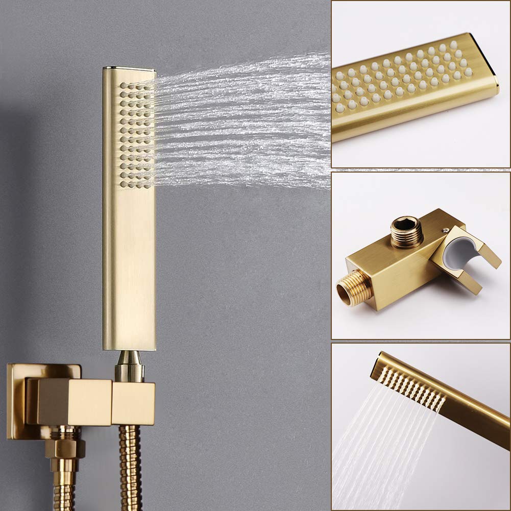 Brushed Gold Shower System - 12 Inch Rain Shower Head & Handheld Shower Combo with Pressure Balance Valve - Luxury Bathroom Faucet Set for Spa-Like Experience - Perfect for Master Bathroom Remodel or Modern Home Upgrade