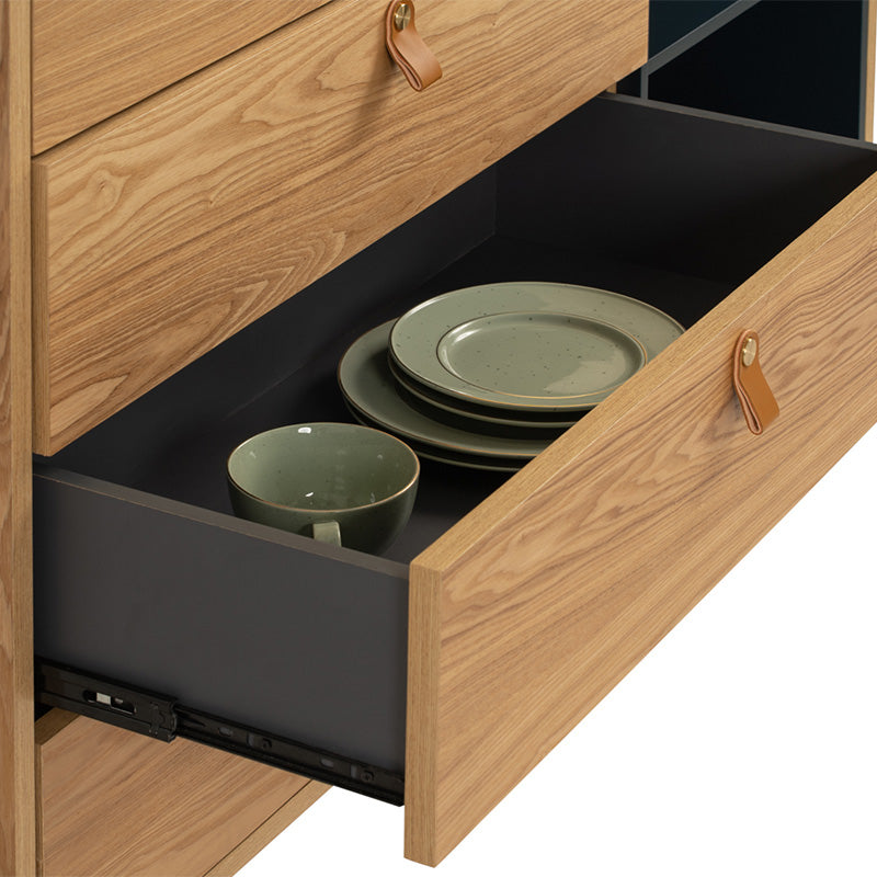 CASTOR Sideboard Buffet 125cm - Modern Wooden Storage Cabinet with 3 Drawers & Doors in Natural, Navy Blue & Black - Perfect for Dining Room, Living Room & Entryway Organization