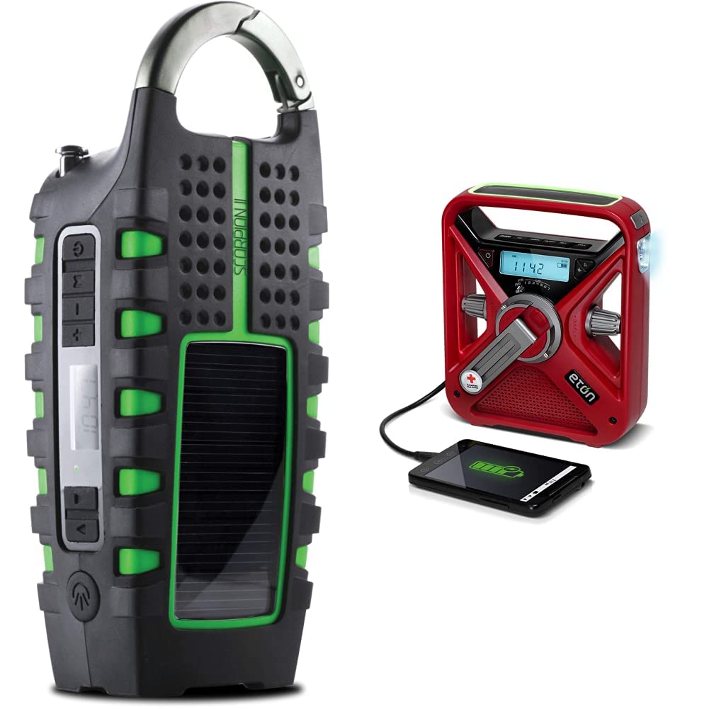 Eton Scorpion II Green & FRX3+ Red Emergency Weather Radio with Flashlight - Portable NOAA AM/FM Solar Crank Hand Crank Power for Camping, Hiking, Storms & Power Outages