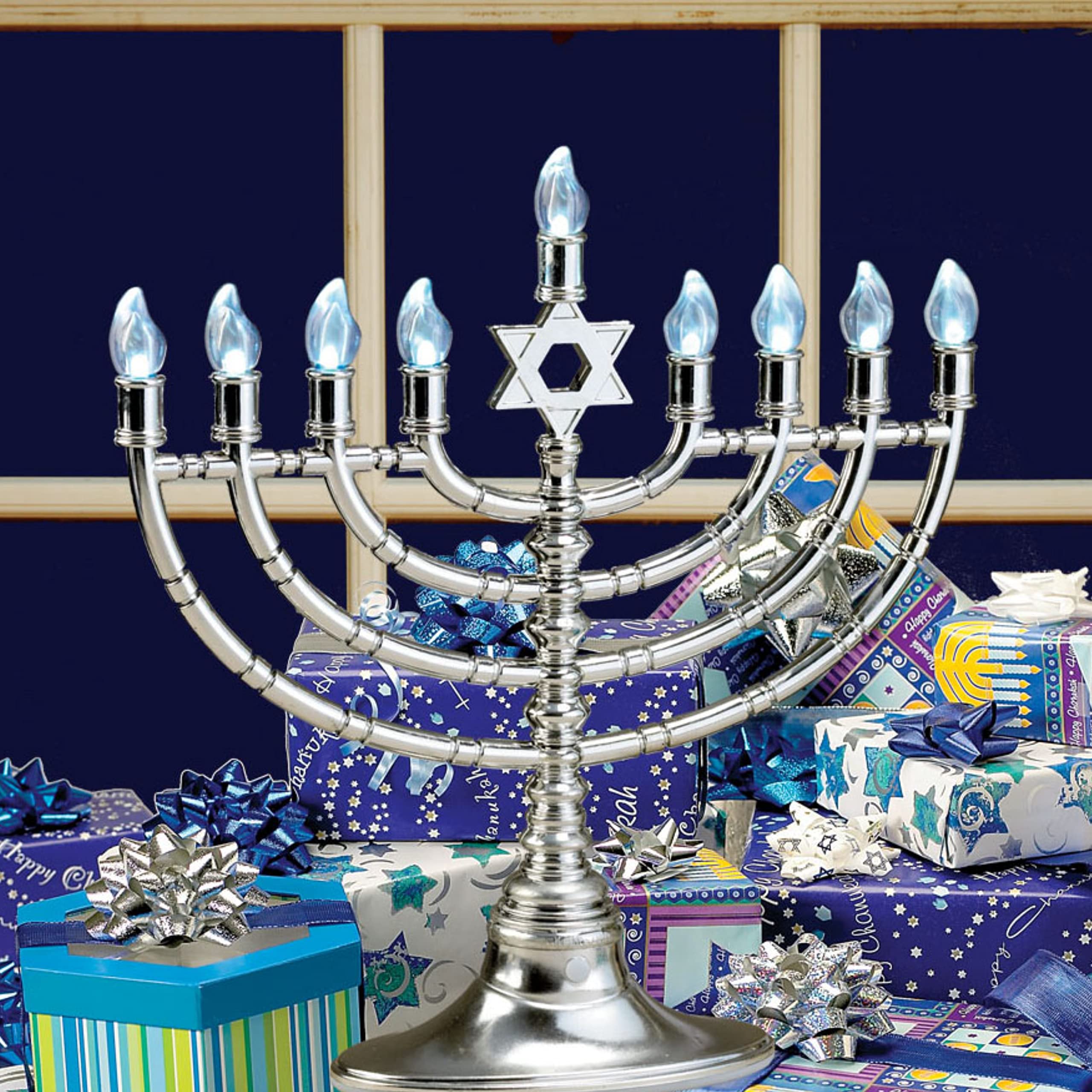 Traditional Large Silver LED Hanukkah Menorah with Blue Holiday Bulbs - Battery/USB Powered (Includes 4' Micro USB Cable) - Perfect for Chanukah Celebrations in Homes, Offices & Dorm Rooms - Elegant Jewish Holiday Decor for Tabletop & Window Displays