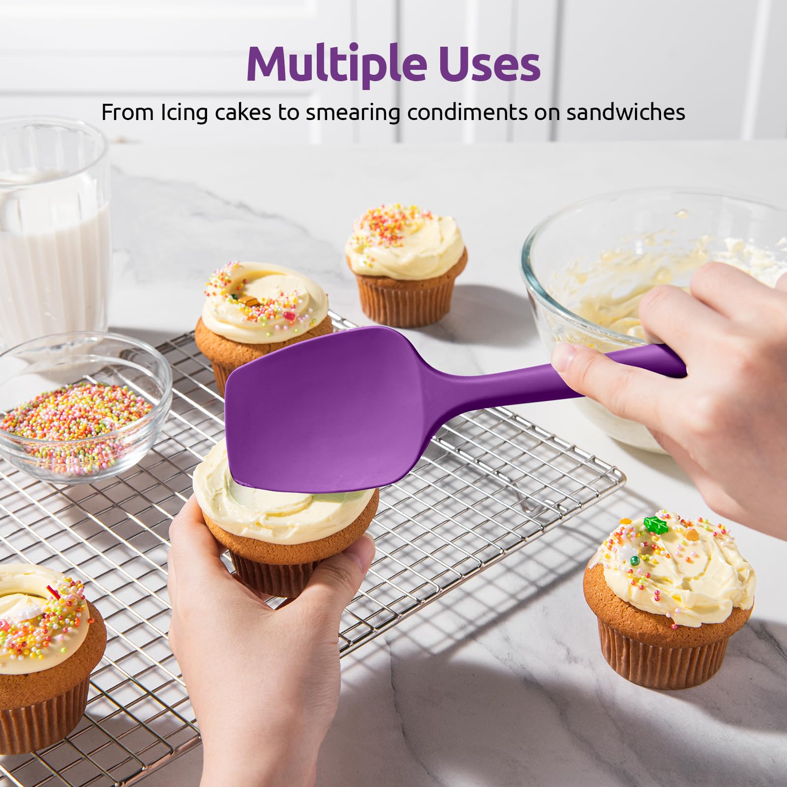 U-Taste Silicone Spoon Spatula Set - 3-Piece High Heat Resistant 600°F Kitchen Utensils for Baking, Cooking & Mixing - Food Grade Flexible Rubber Scrapers for Nonstick Cookware (Purple) - Perfect for Cake Decorating, Cookie Dough Mixing & Pancake Flipping
