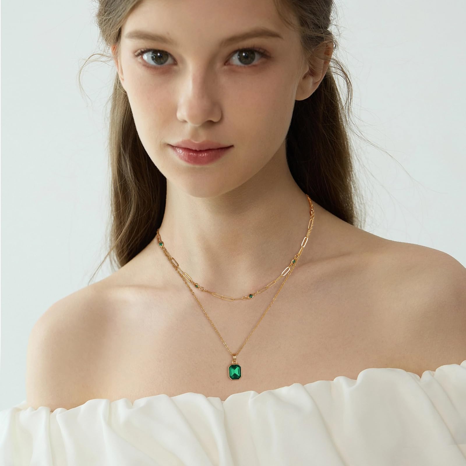 18K Gold Plated Crystal Paperclip Choker Necklace for Women - Emerald Green Layered Jewelry Gift for Her, Perfect for Date Night, Parties & Special Occasions