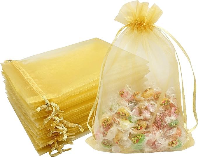 DMS RETAIL 10-Pack Golden Organza Bags 16x23cm - Wedding Party Favors, Jewelry Pouch, Dry Fruit & Candy Bags, Shagun Potli for Gifts - Perfect for Bridal Showers, Birthday Parties & Festive Celebrations