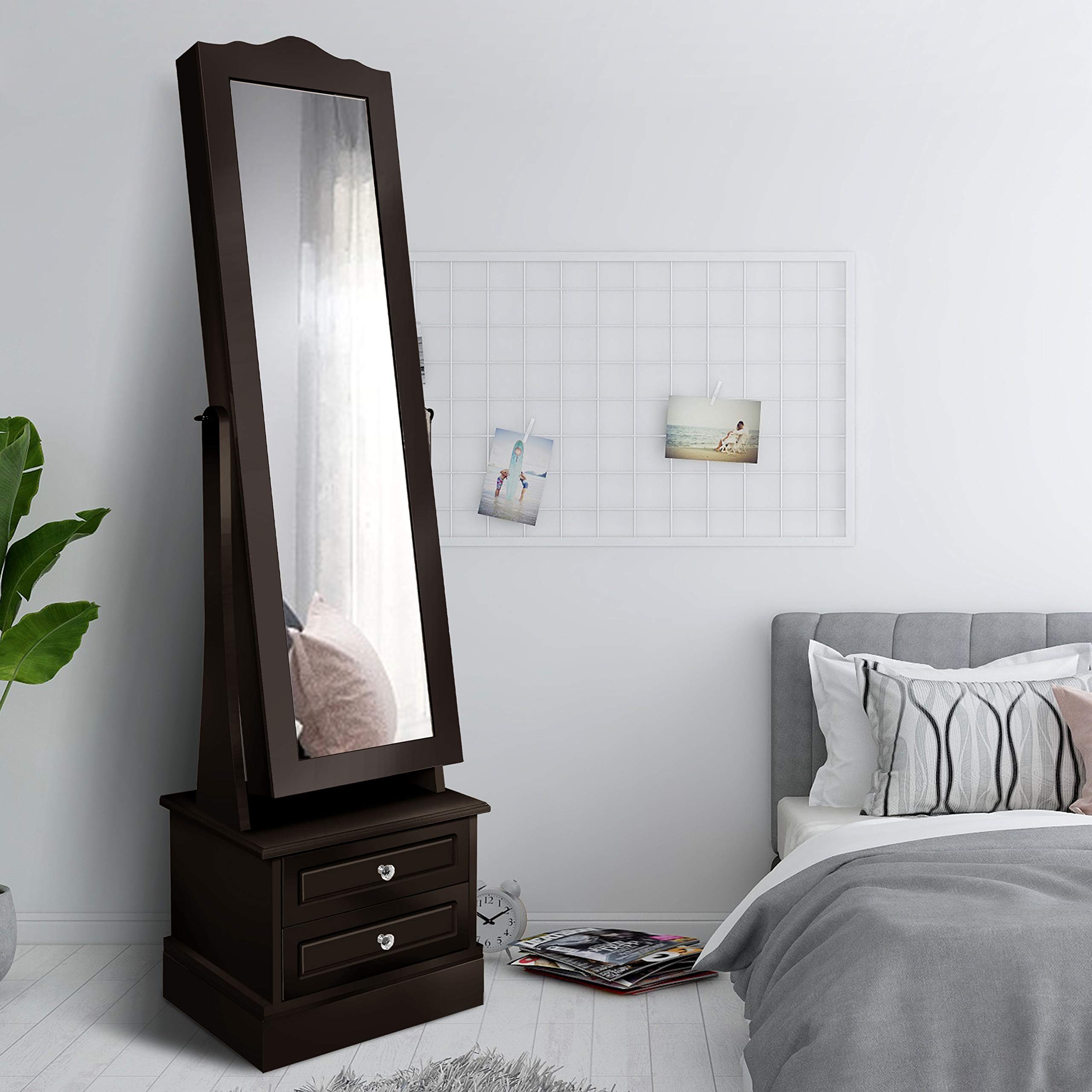 FUNKOCO 360° Rotating LED Jewelry Cabinet with Mirror - Dark Brown Jewelry Organizer & Storage Armoire for Necklaces, Rings & Bracelets | Perfect for Bedroom, Closet & Dressing Room Organization