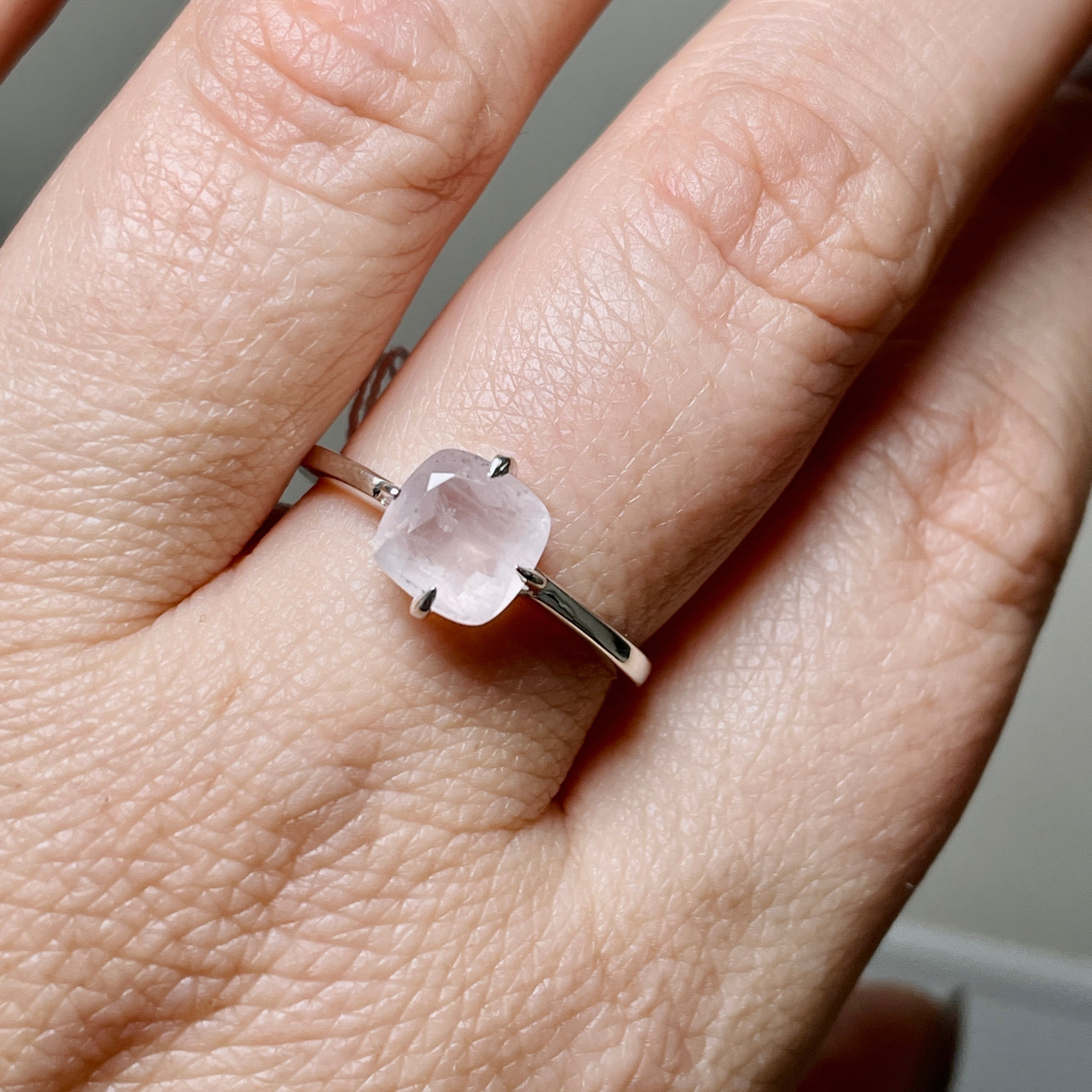 Rose Quartz Faceted Square Solitaire Ring R4806 - Elegant Healing Crystal Jewelry for Women, Perfect for Meditation, Gifts & Everyday Wear
